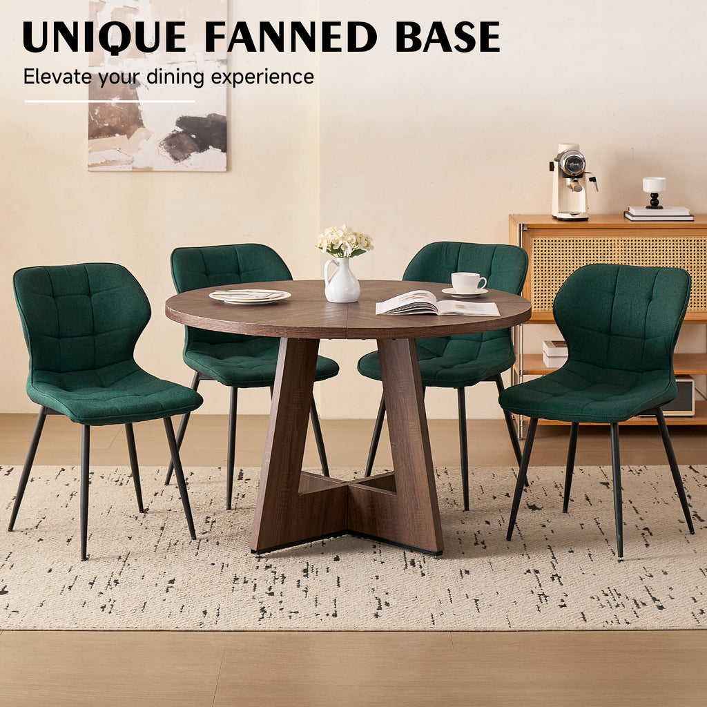 5 Piece 47'' Round Dining Table Chairs Set for 4, Farmhouse Walnut Kitchen Table and Chairs Mid Century Modern Wood Dining Table with 4 Water-Resistant Fabric Dining Chairs, Green