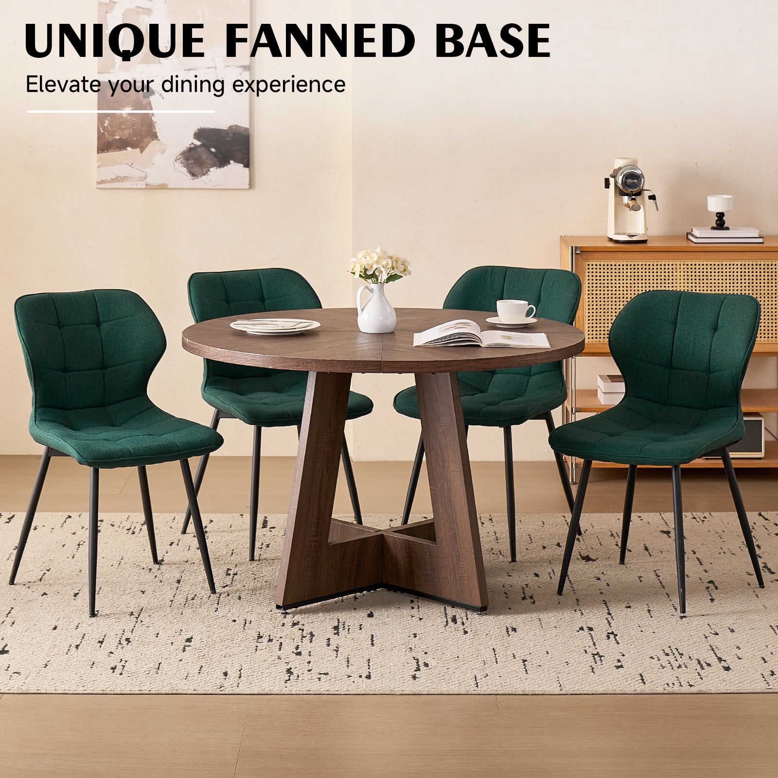5 Piece 47'' Round Dining Table Chairs Set for 4, Farmhouse Walnut Kitchen Table and Chairs Mid Century Modern Wood Dining Table with 4 Water-Resistant Fabric Dining Chairs, Green