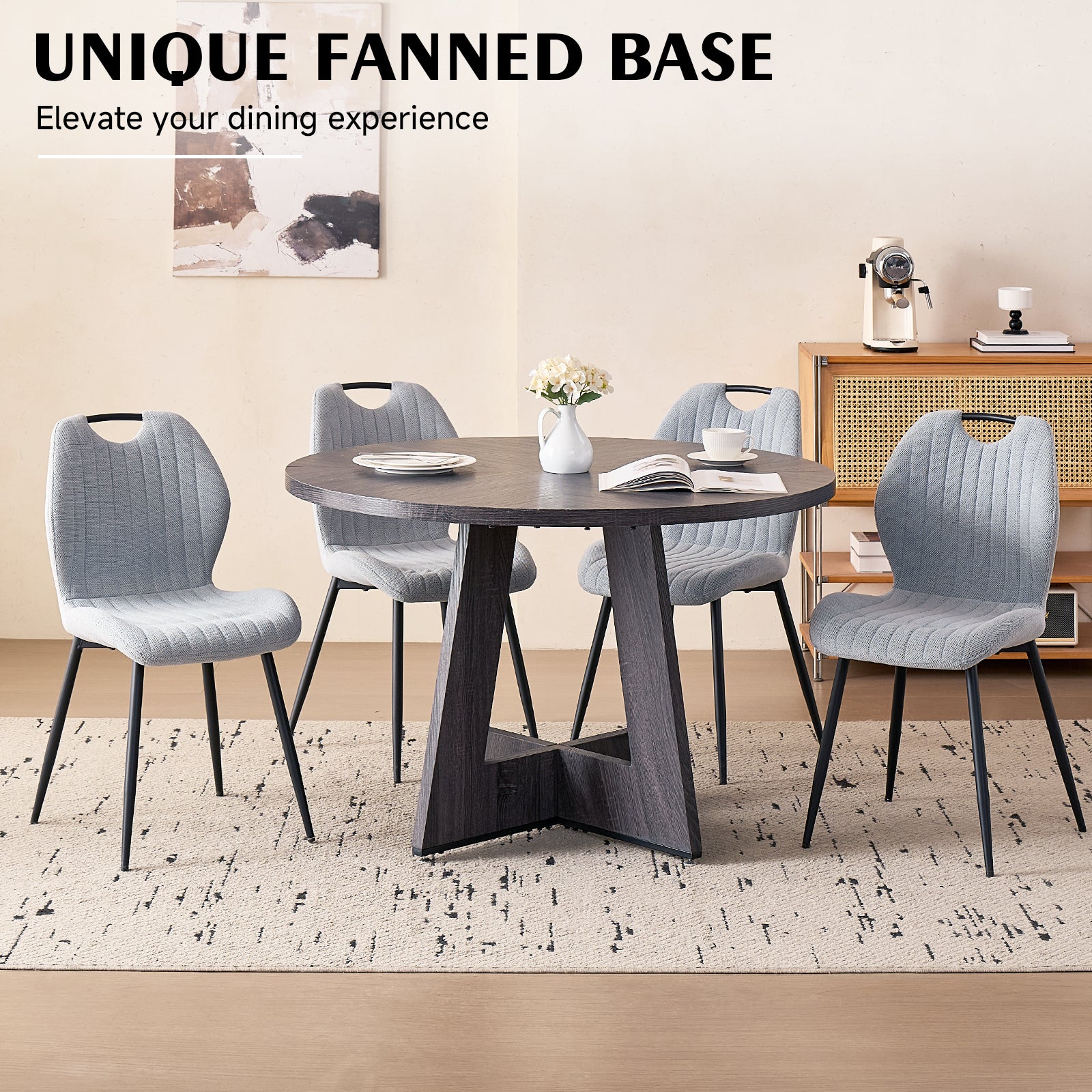 5 Piece 47'' Round Dining Table Chairs Set for 4, Farmhouse Kitchen Table with 4 Scandi Mid Century Modern Dinning Room Chairs, Wood Dinner Table &Upholstered Fabric Chairs Set of 4, Gray