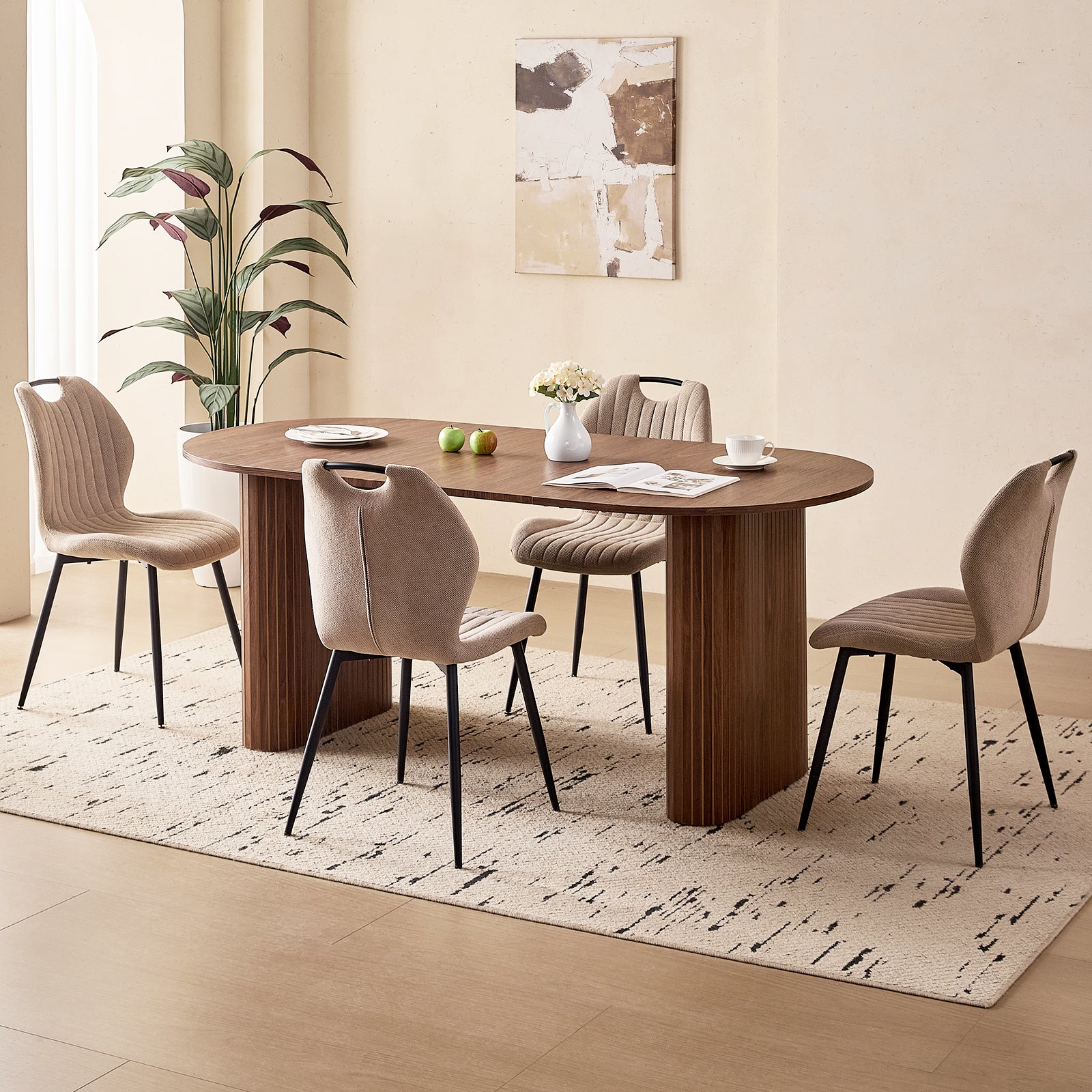 71" Large Dining Table Set for 4, Rounded Corners Farmhouse Modern Rectangle Wood Kitchen Table with Fabric Wingback Dining Chairs for Living Room Apartment Waiting Room