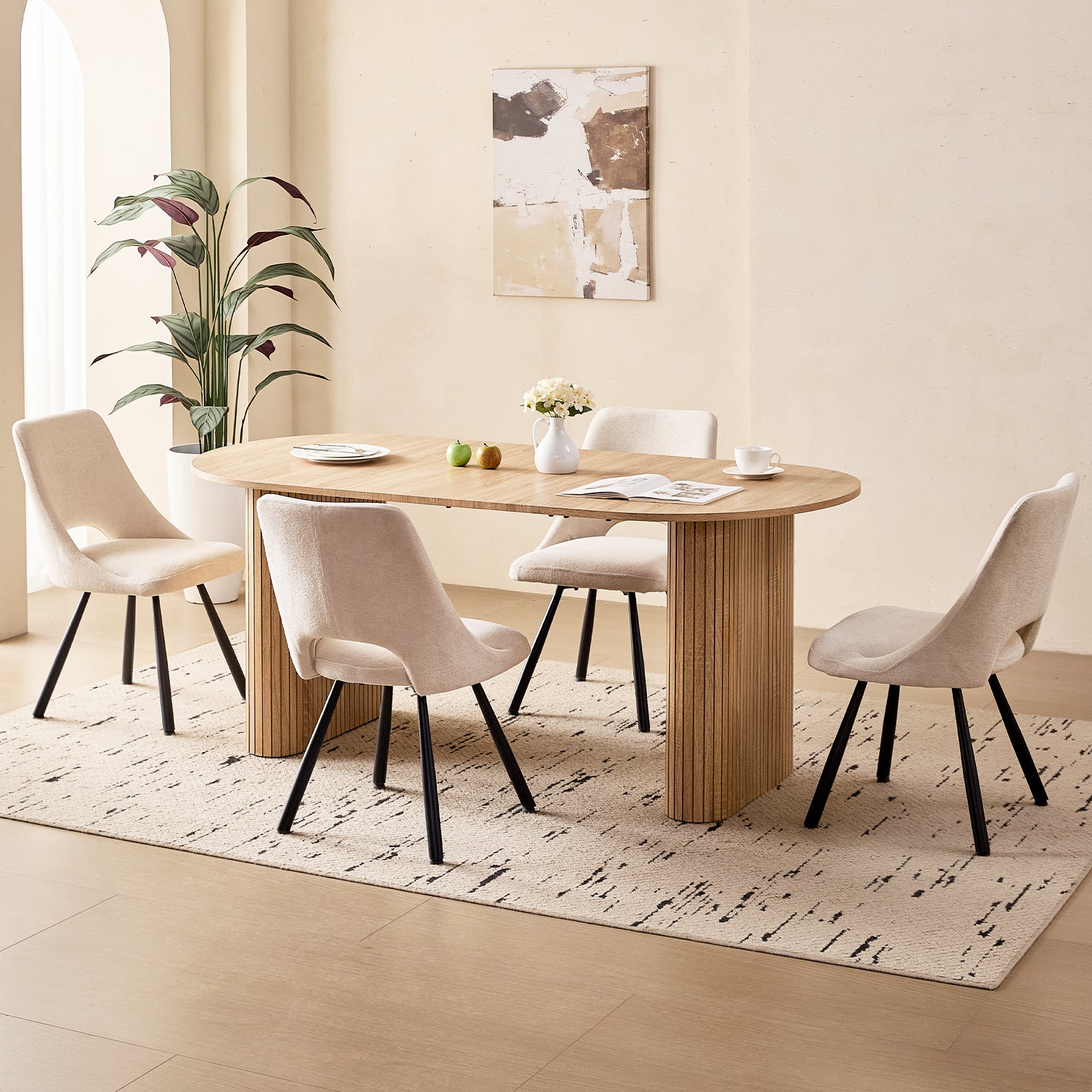 71" Natural Large Dining Table Set for 4 Modern Kitchen Table with Beige Boucle Upholstered Kitchen Chairs Set of 4