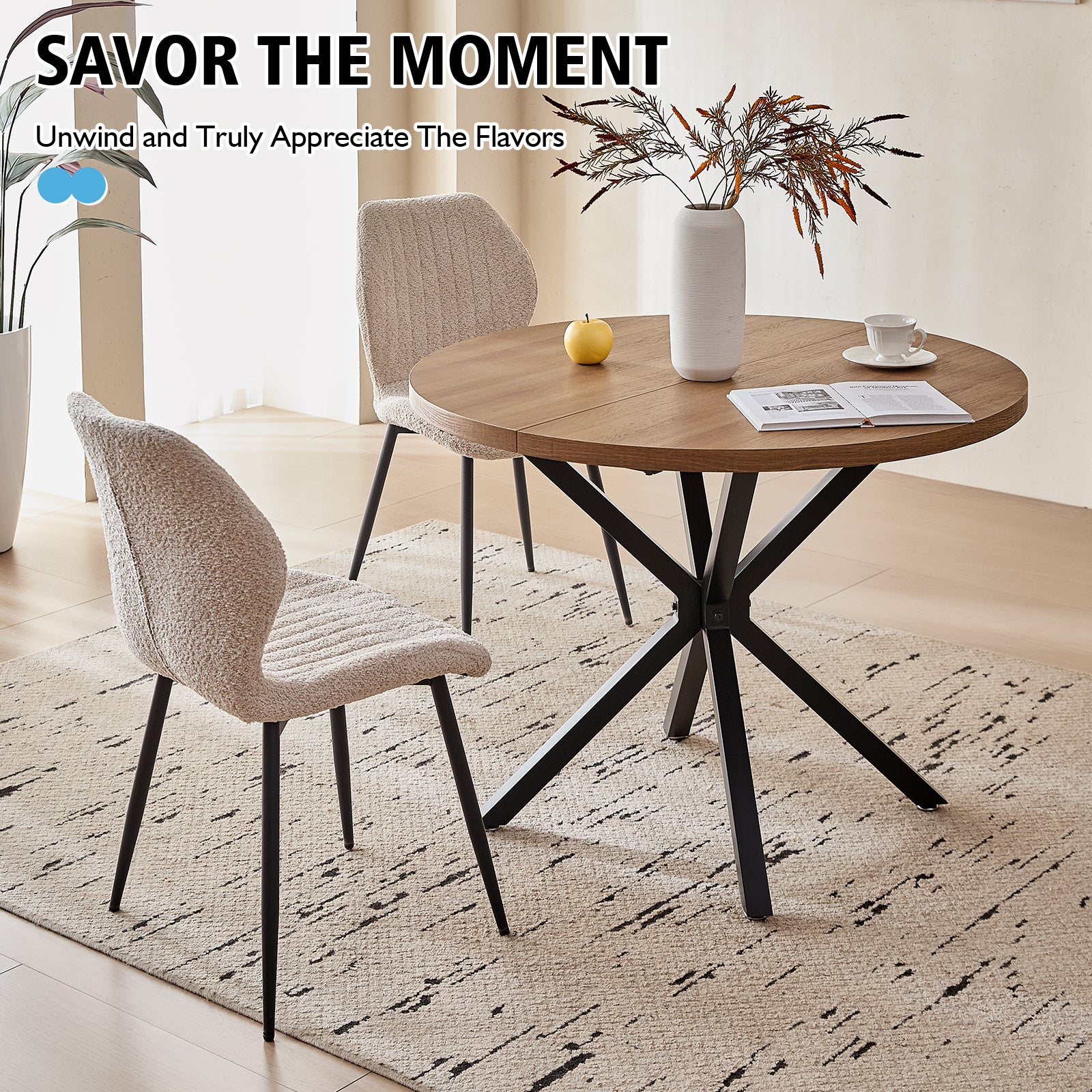 39" Round Dining Table Set for 4, Mid Century Kitchen Table with 4 Beige Upholstered Dining Chairs for Apartment Living Room Space Saving,Brown Table