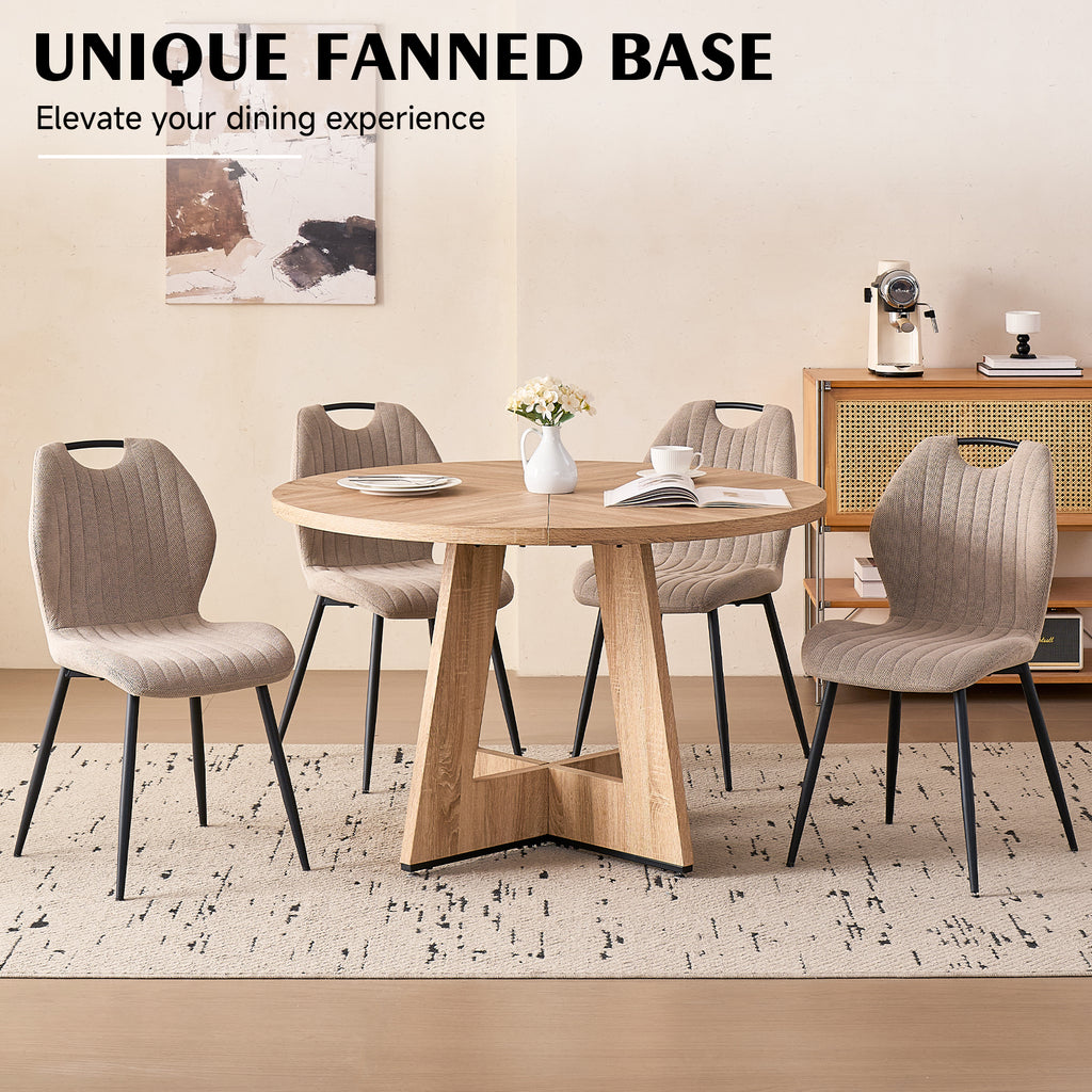 5 Piece 47'' Round Dining Table Chairs Set for 4, Farmhouse Oak Kitchen Table with 4 Scandi Mid Century Modern Dinning Room Chairs, Wood Dinner Table &Upholstered Fabric Chairs Set of 4, Khaki