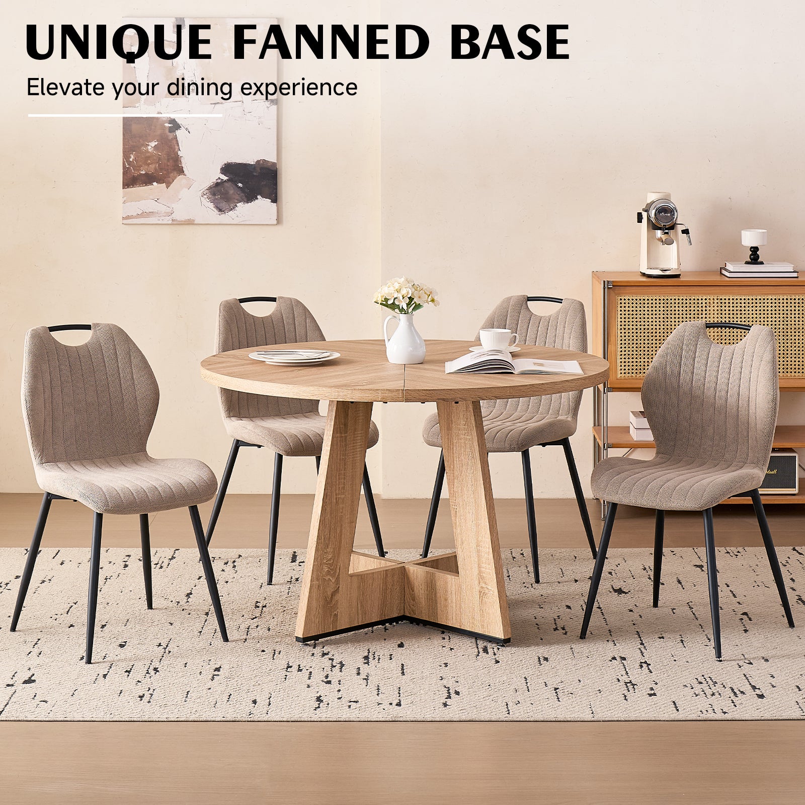5 Piece 47'' Round Dining Table Chairs Set for 4, Farmhouse Oak Kitchen Table with 4 Scandi Mid Century Modern Dinning Room Chairs, Wood Dinner Table &Upholstered Fabric Chairs Set of 4, Khaki