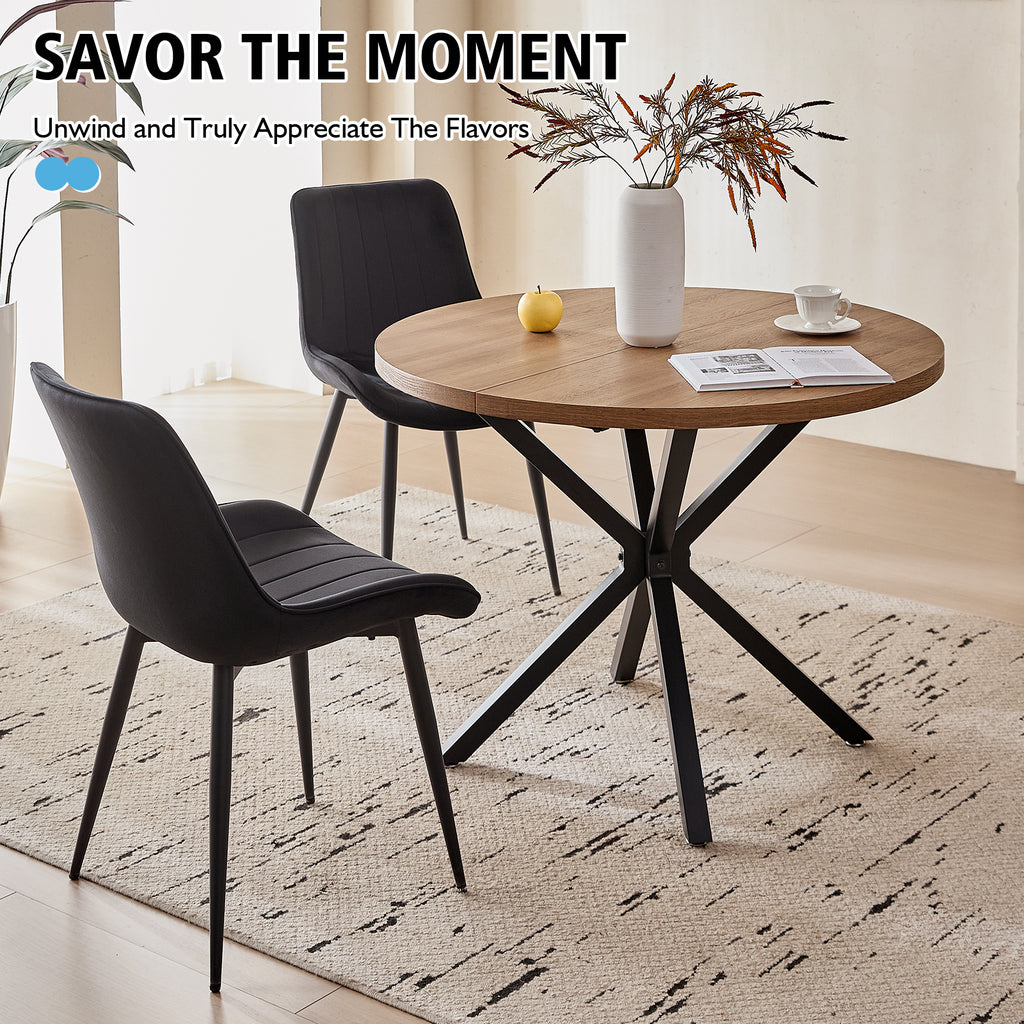 39" Round Dining Table Set for 4, Mid Century Kitchen Table with 4 Black Upholstered Dining Chairs for Apartment Living Room Space Saving,Brown Table