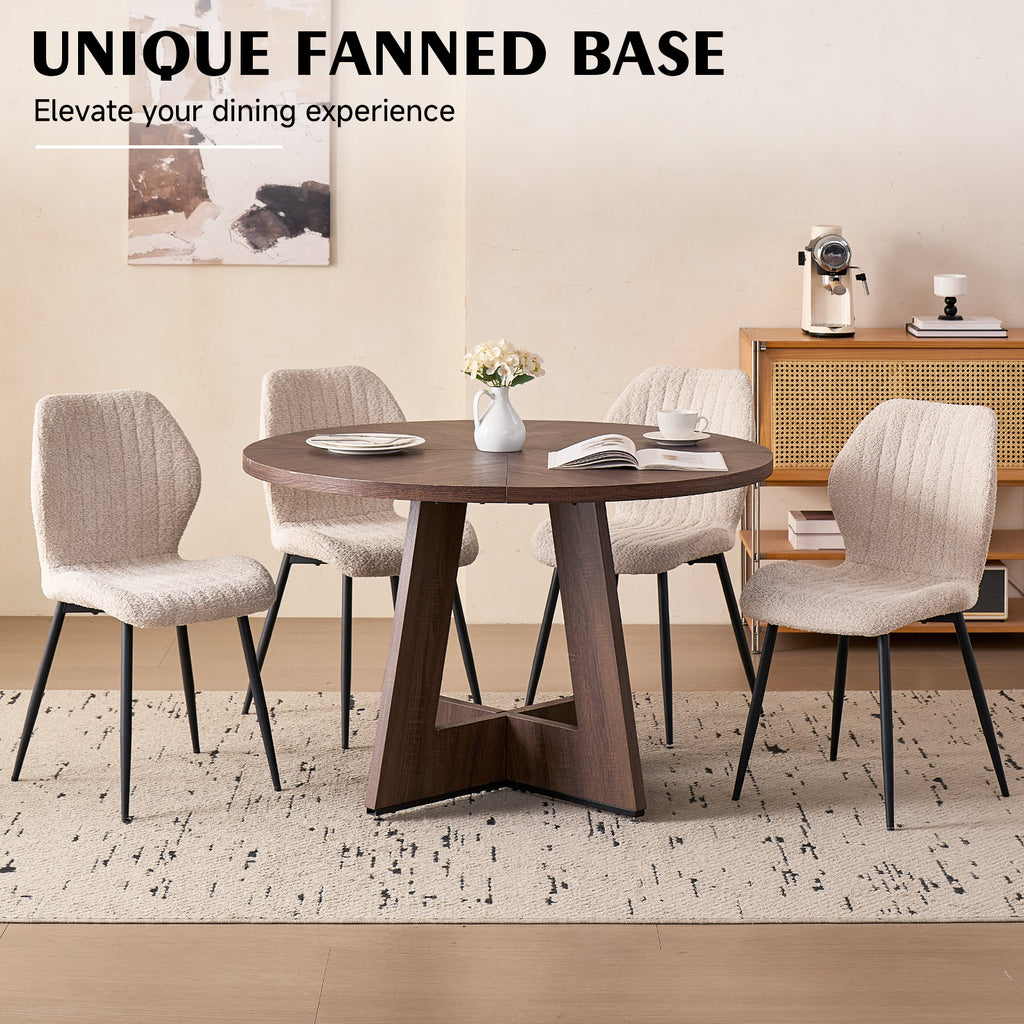 5 Piece 47'' Round Dining Table Chairs Set for 4, Farmhouse Oak Kitchen Table with 4 Scandi Mid Century Modern Dinning Room Chairs, Wood Dinner Table &Upholstered Fabric Chairs Set of 4, Beige