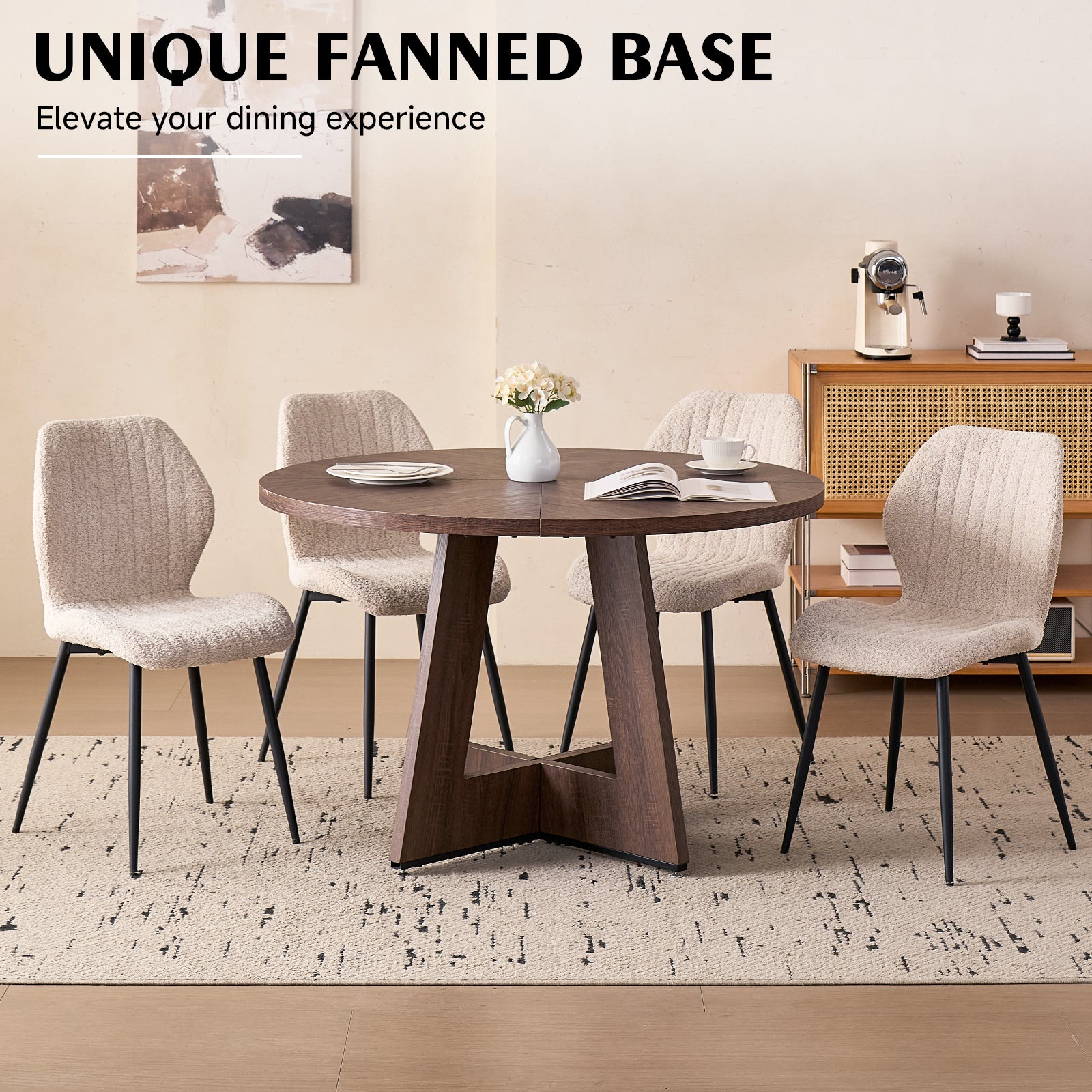 5 Piece 47'' Round Dining Table Chairs Set for 4, Farmhouse Oak Kitchen Table with 4 Scandi Mid Century Modern Dinning Room Chairs, Wood Dinner Table &Upholstered Fabric Chairs Set of 4, Beige