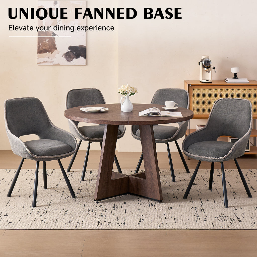 5 Piece 47" Round Dining Table Set for 4, [Fanned Base] [1.38" Thick Top] Wood Kitchen Table with 4 Swivel Dining Chairs, Grey