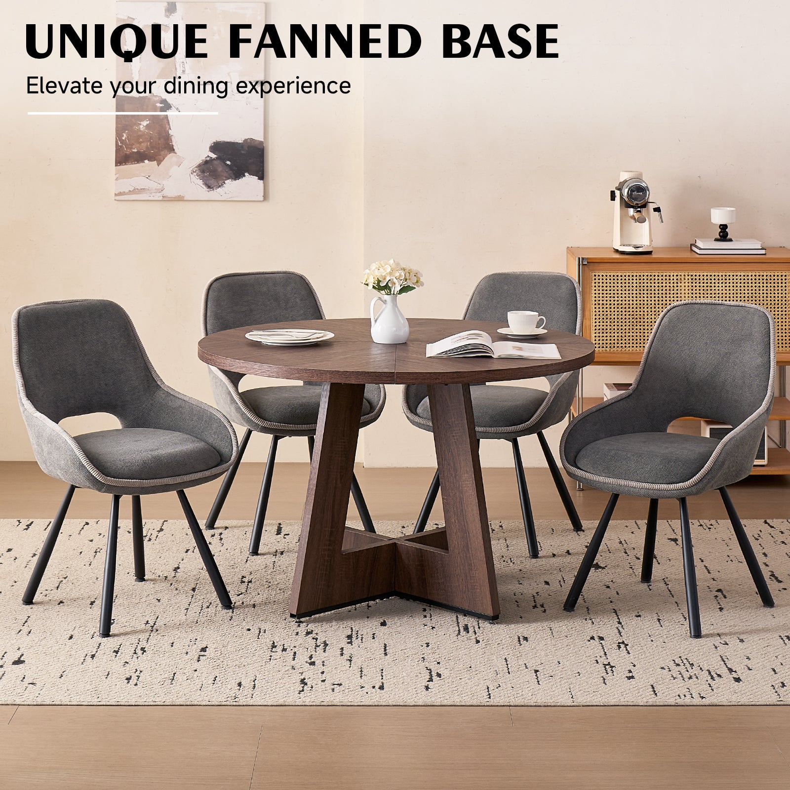 5 Piece 47" Round Dining Table Set for 4, [Fanned Base] [1.38" Thick Top] Wood Kitchen Table with 4 Swivel Dining Chairs, Grey