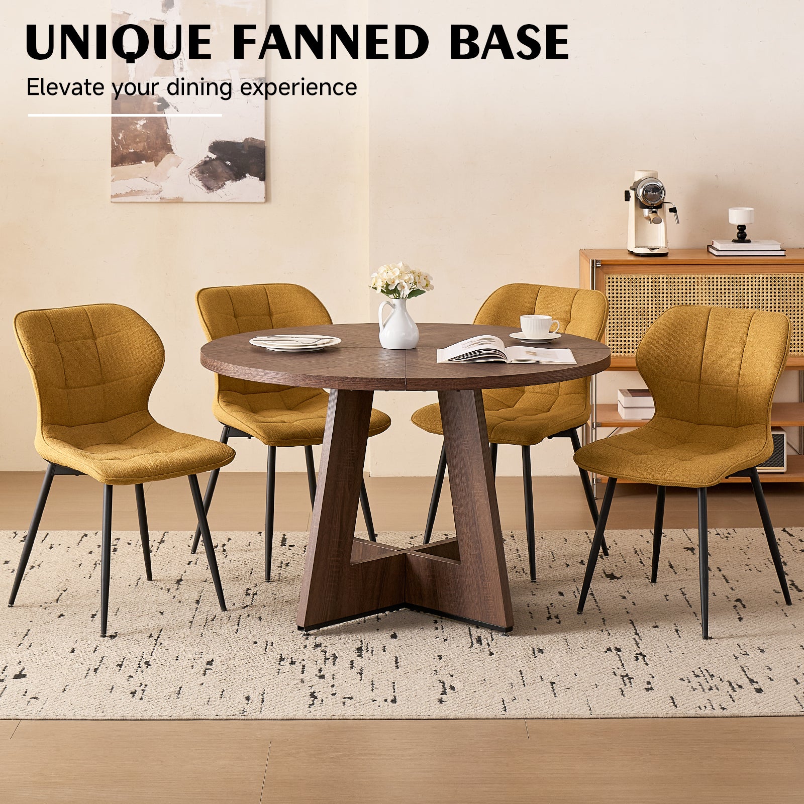 5 Piece 47'' Round Dining Table Chairs Set for 4, Farmhouse Walnut Kitchen Table and Chairs Mid Century Modern Wood Dining Table with 4 Water-Resistant Fabric Dining Chairs, Yellow