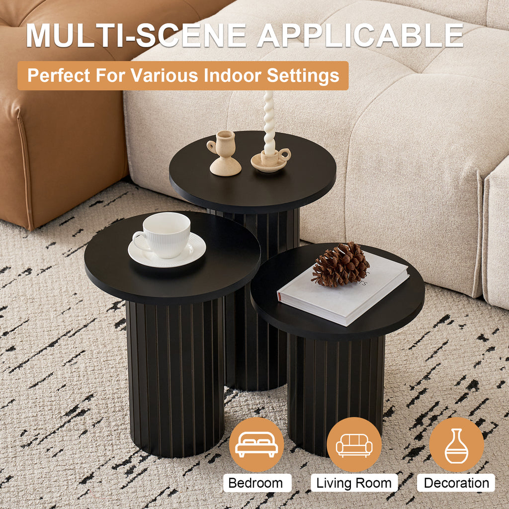 3-Piece Nesting Coffee Table Set, Modern Small Round Wood Side Tables, Fluted Drum Base, for Living Room Bedroom Apartment Small Space, Black