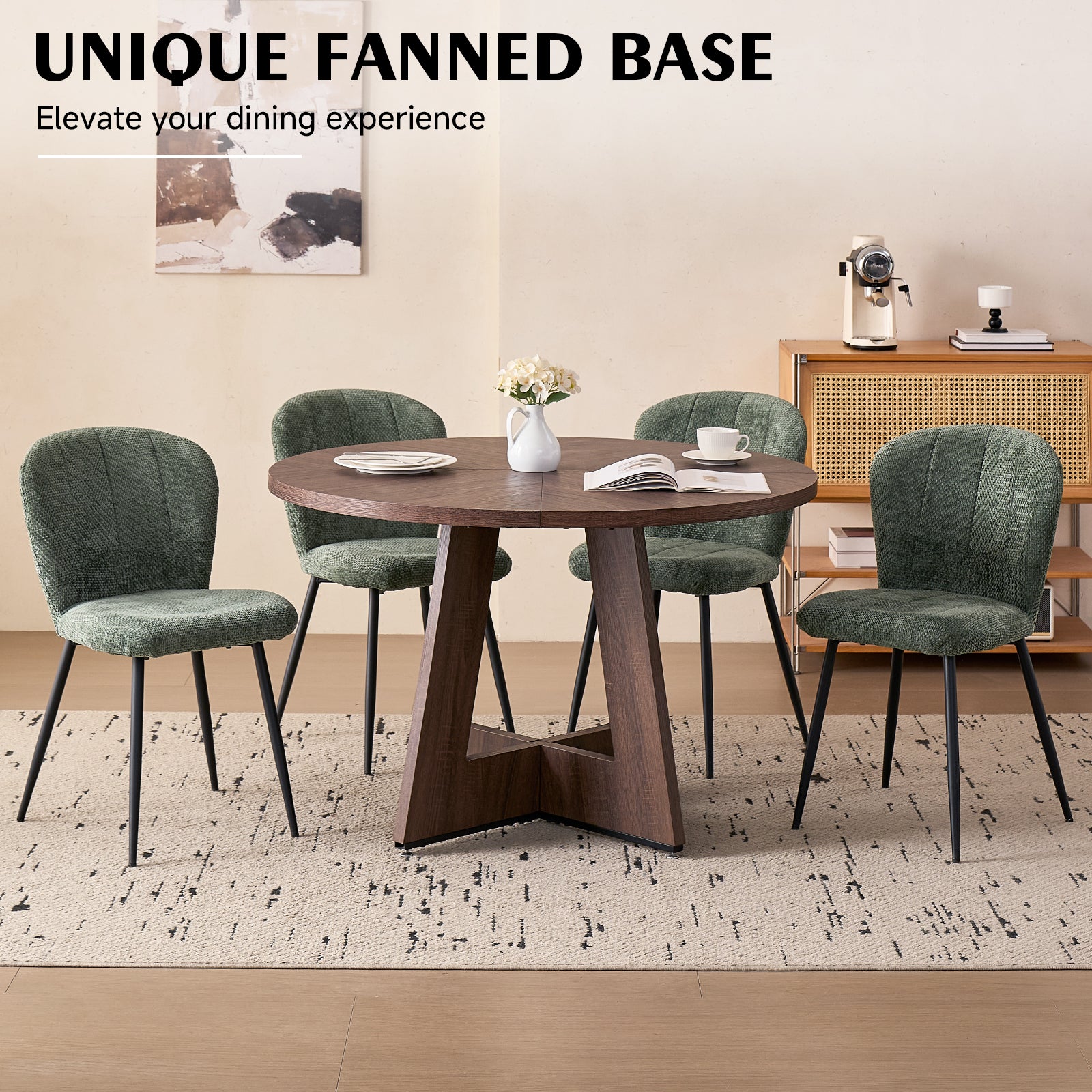 5 Piece 47" Round Dining Room Table Set for 4, [Fanned Base] [1.38" Thick Top] Wood Kitchen Table with 4 Green Chenille Dining Chairs