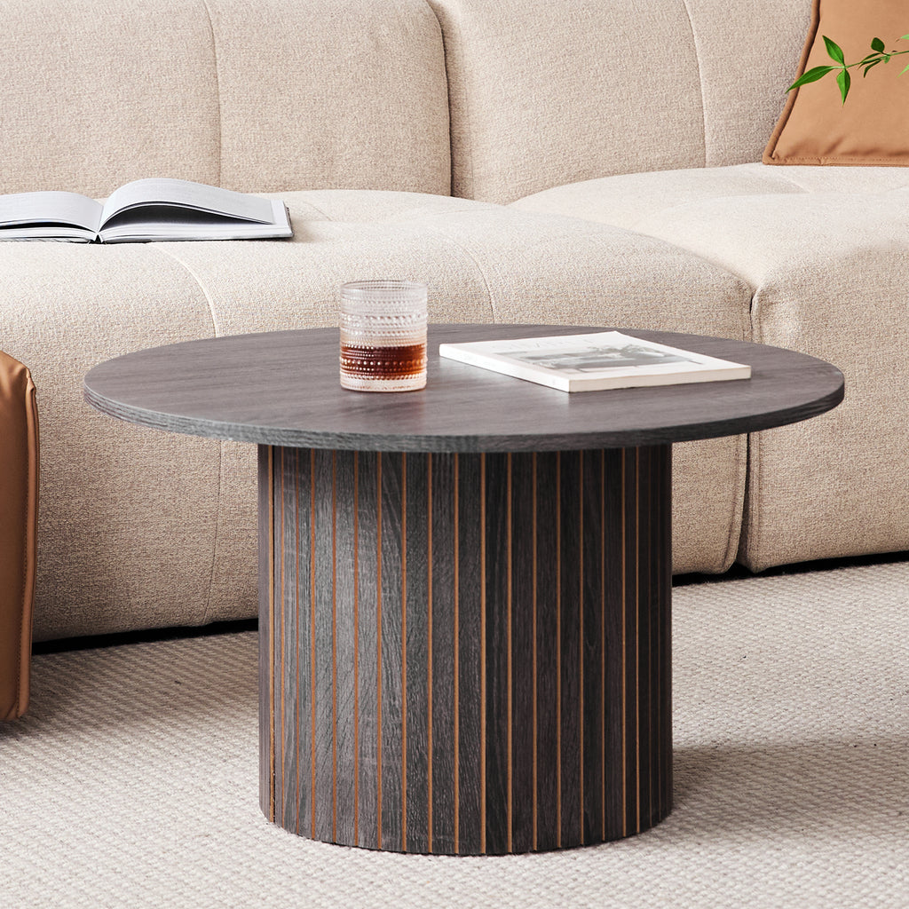 Round Nesting Coffee Tables Set of 2, Boho Wood Circle Side Table with Fluted Drum Design, Farmhouse End Table for Living Room Bedroom Apartment, Black