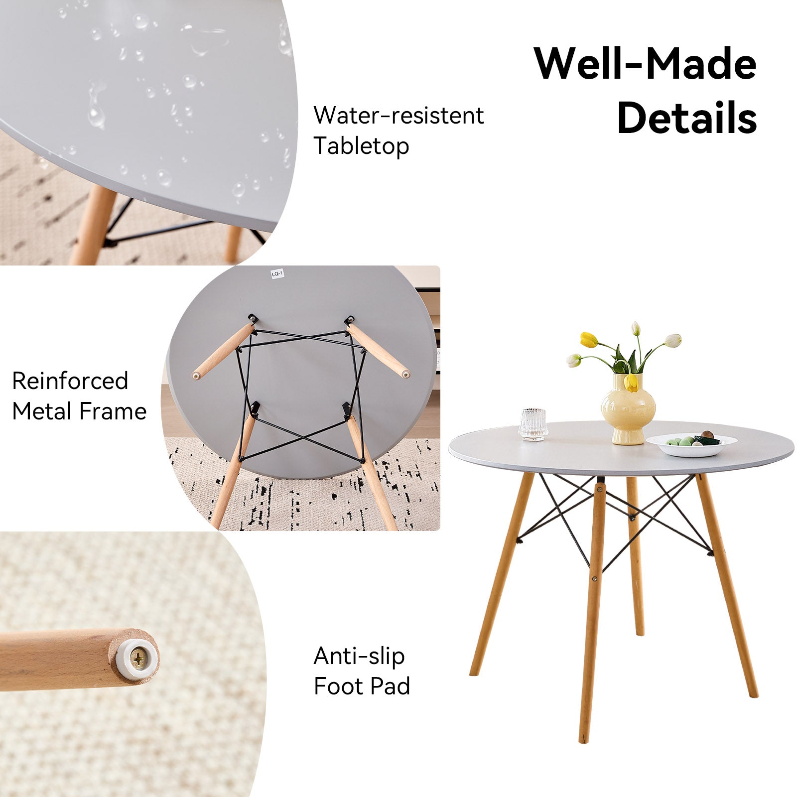 5 Piece 31.5'' Round Dining Table Set for 4, Kitchen Table & Chairs Set of 4, Mid-Century Modern Table W/ 4 Chairs for Home, Living Room, Apartment, Wood Legs, Metal Frame, Gray