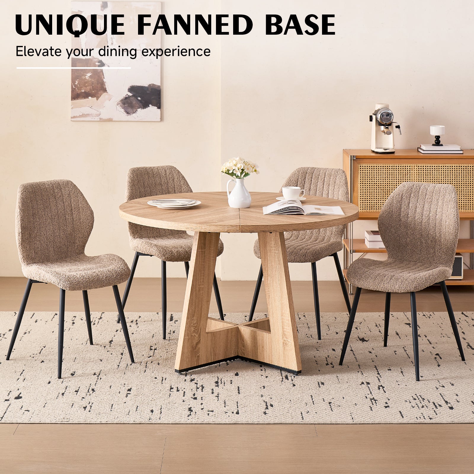 5 Piece 47'' Round Dining Table Chairs Set for 4, Farmhouse Oak Kitchen Table with 4 Boucle Mid Century Modern Dinning Room Chairs, Wood Dinner Table &Upholstered Chair Set of 4, Brown