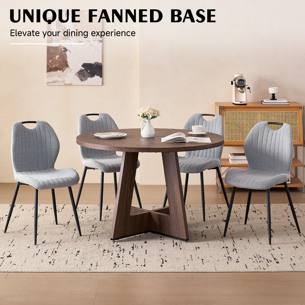 5 Piece 47'' Round Dining Table Chairs Set for 4, Farmhouse Walnut Kitchen Table with 4 Scandi Mid Century Modern Dinning Room Chairs, Wood Dinner Table &Upholstered Fabric Chairs Set of 4, Grey