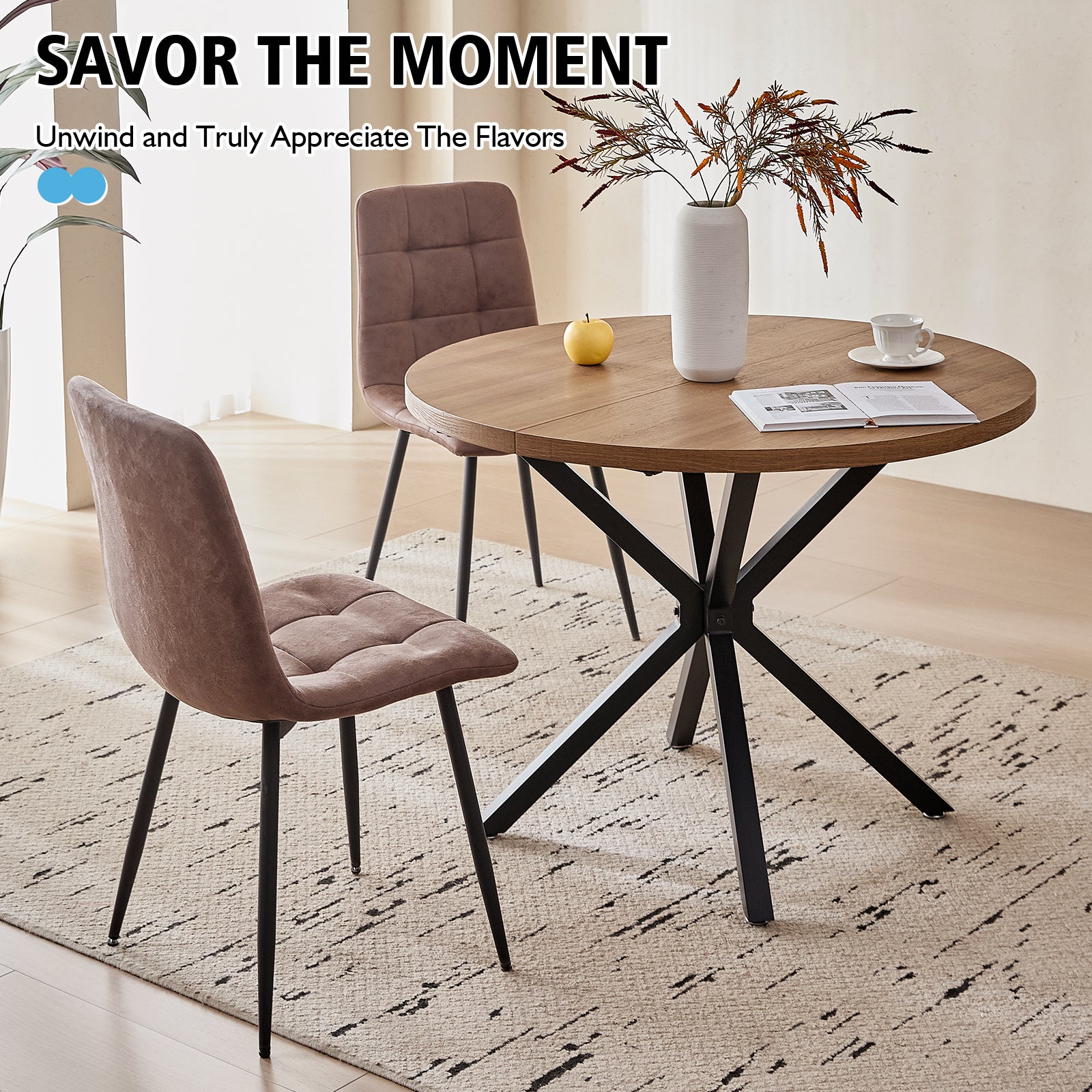 5 Pieces Round Dining Table Set - Mid-Century Brown Dining Table with 4 Brown Faux Leather Chairs Set, Coffee Table & Chairs with Black Metal Legs for Kitchen Dining Room, Apartment