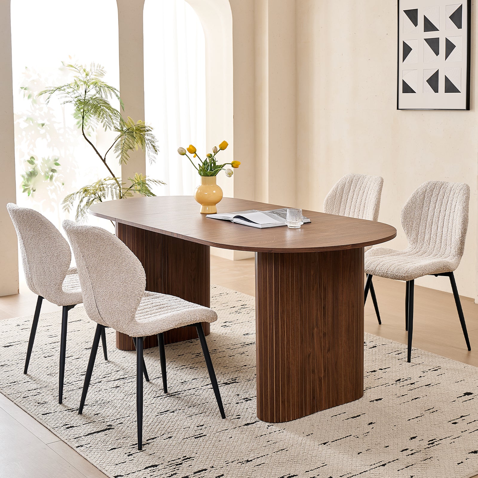 71" Large Dining Table Set for 4, Rounded Corners Farmhouse Modern Rectangle Wood Kitchen Table with Boucle Chairs Set of 4