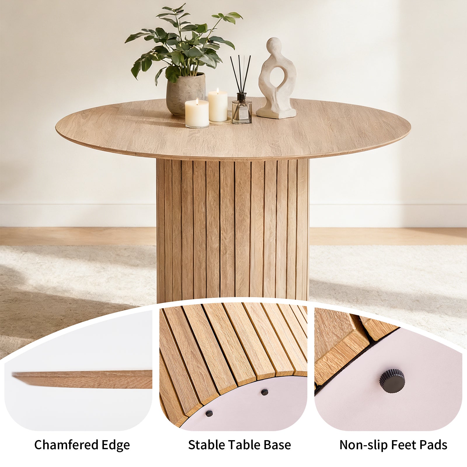 47 inches Modern Round Dining Table, Wood Kitchen Table for 4 with Two-part Tabletop and Wooden Strip Columns Base, Farmhouse Table for Kitchen, Dinning Room, Oak
