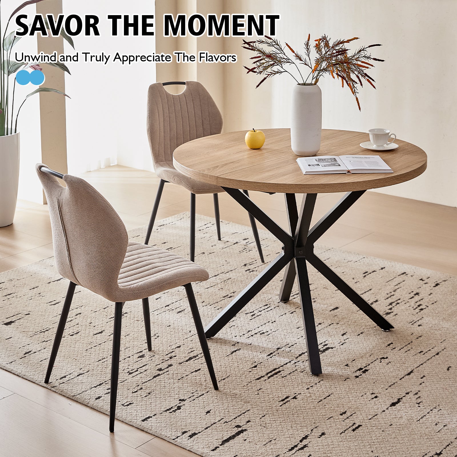 5 Piece 39" Round Dining Table Set for 4, Mid Century Kitchen Table with 4 Khaki Fabric Upholstered Dining Chairs for Apartment Living Room, Space Saving Table.