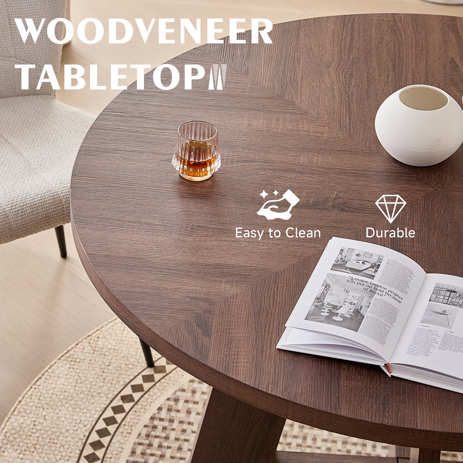 5 Piece 47" Round Dining Room Table Set for 4, [Fanned Base] [1.38" Thick Top] Wood Kitchen Table with 4 White Chenille Dining Chairs
