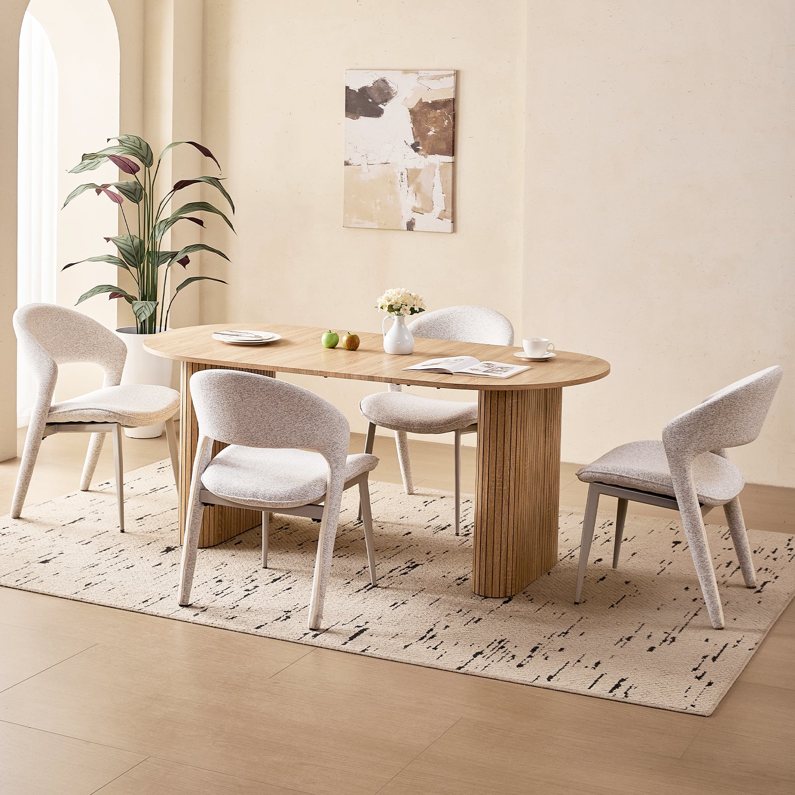 71" Natural Large Dining Table Set for 4 Modern Kitchen Table with White Linen Upholstered Kitchen Chairs Set of 4