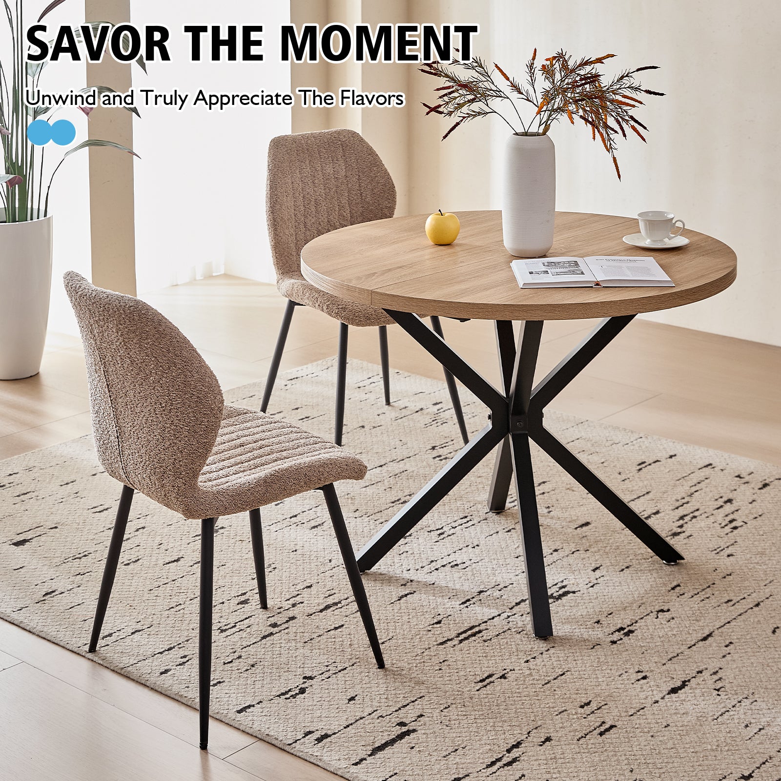 39" Round Dining Table Set for 4, Mid Century Kitchen Table with 4 Brown Upholstered Dining Chairs for Apartment Living Room Space Saving,Natural Table