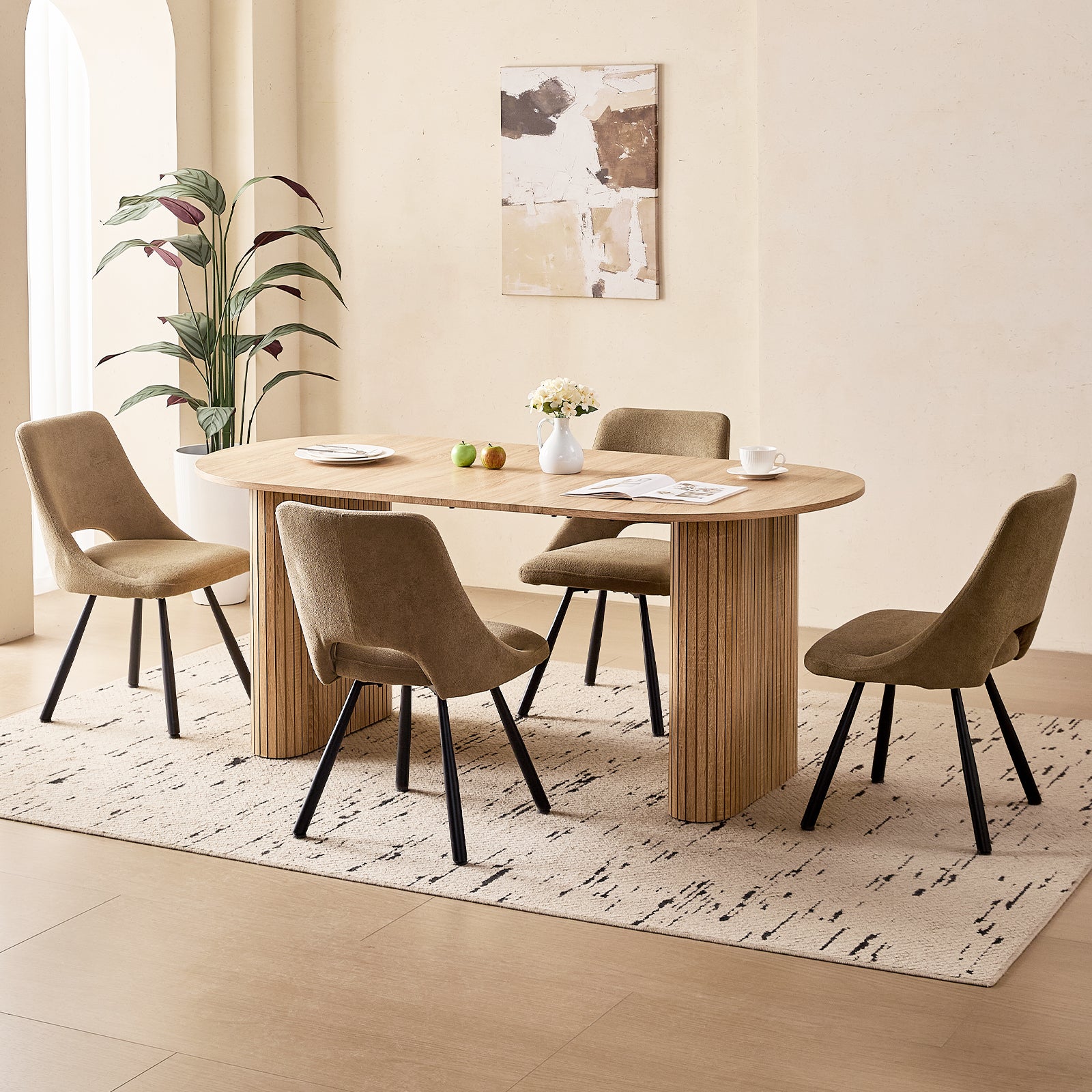 71" Natural Large Dining Table Set for 4 Modern Kitchen Table with Brown Boucle Upholstered Kitchen Chairs Set of 4
