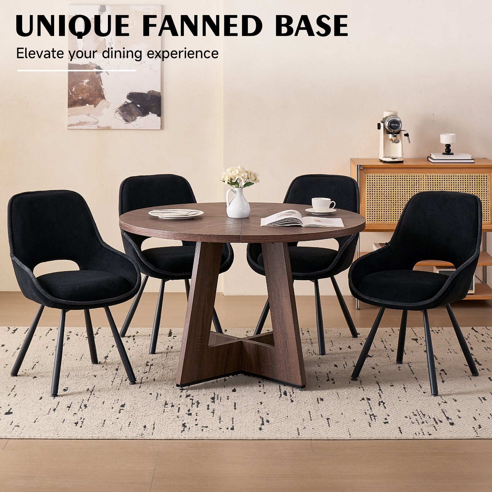 5 Piece 47" Round Dining Table Set for 4, [Fanned Base] [1.38" Thick Top] Wood Kitchen Table with 4 Swivel Dining Chairs, Black