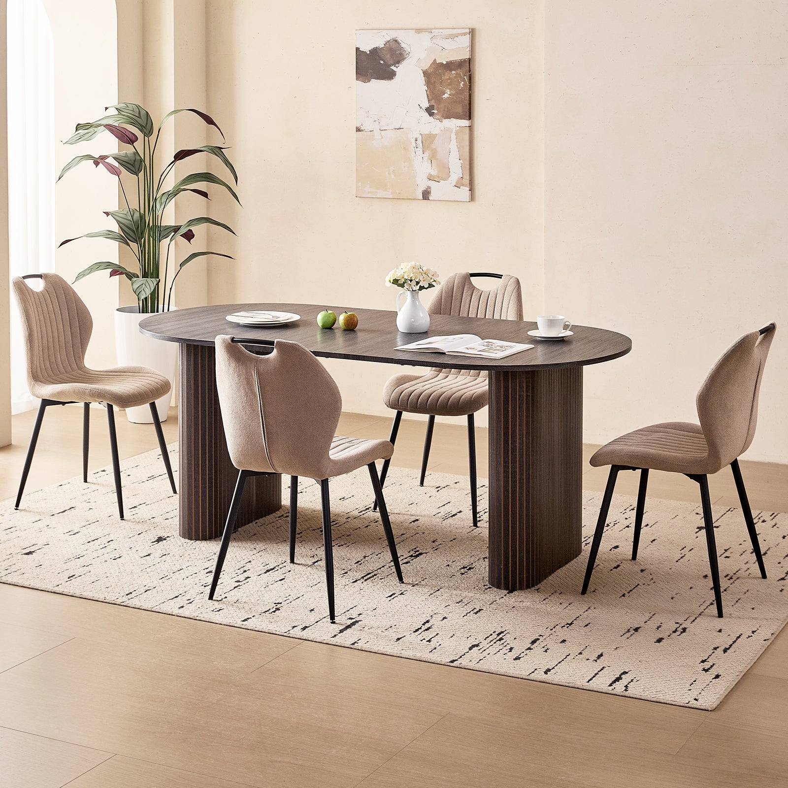 71" Large Dining Table Set for 4, Rounded Corners Farmhouse Modern Rectangle Wood Kitchen Table with Fabric Wingback Dining Chairs for Living Room Apartment Waiting Room