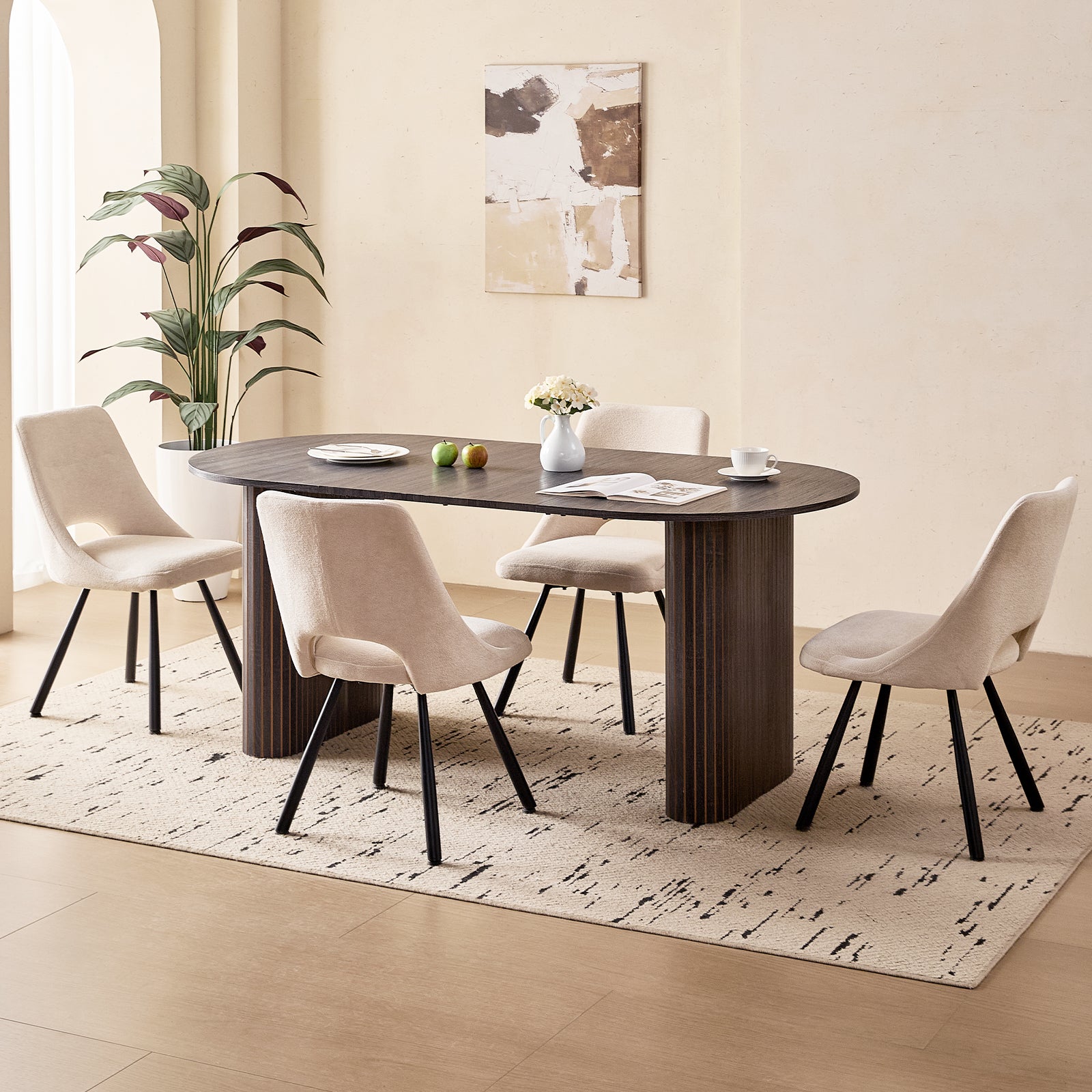 71" Black Large Dining Table Set for 4 Modern Kitchen Table with Beige Boucle Upholstered Kitchen Chairs Set of 4