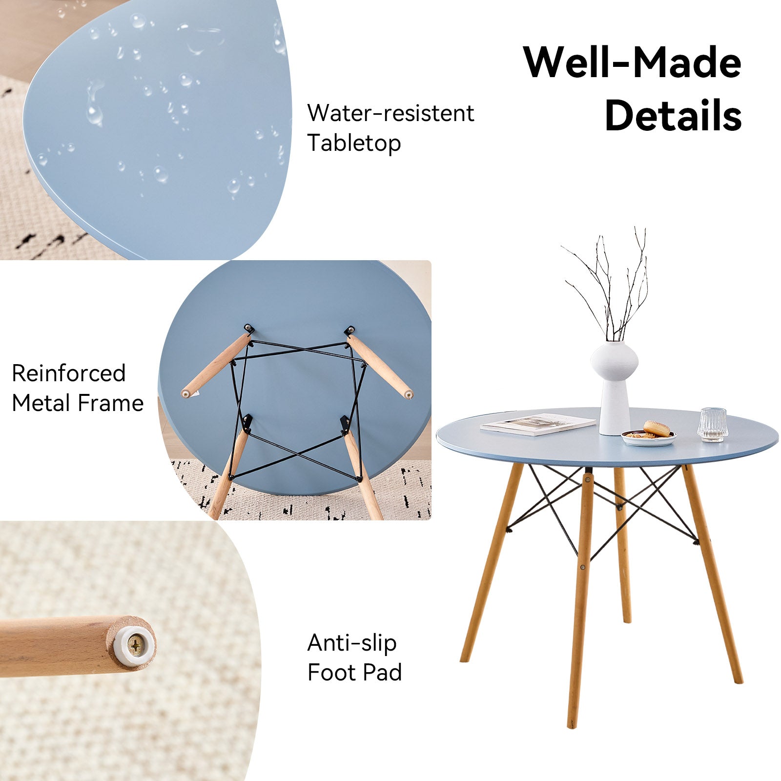 5 Piece 35.5'' Round Dining Table Set for 4, Kitchen Table & Chairs Set of 4, Mid-Century Modern Table W/ 4 Chairs for Home, Living Room, Apartment, Wood Legs, Metal Frame, Blue