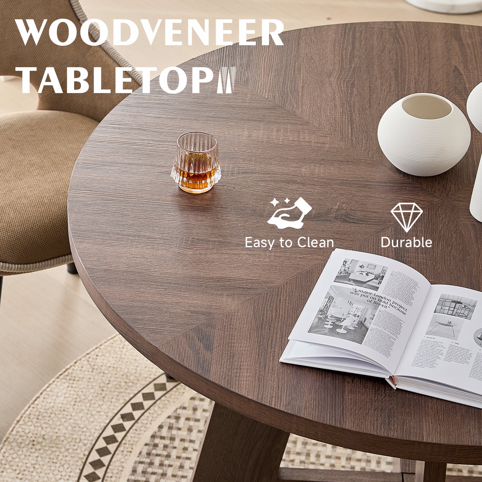 5 Piece 47" Round Dining Table Set for 4, [Fanned Base] [1.38" Thick Top] Wood Kitchen Table with 4 Swivel Dining Chairs, Brown