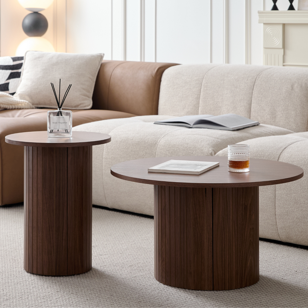Round Nesting Coffee Tables Set of 2, Boho Wood Circle Side Table Fluted Drum for Living Room Bedroom, Apartment(Walnut)