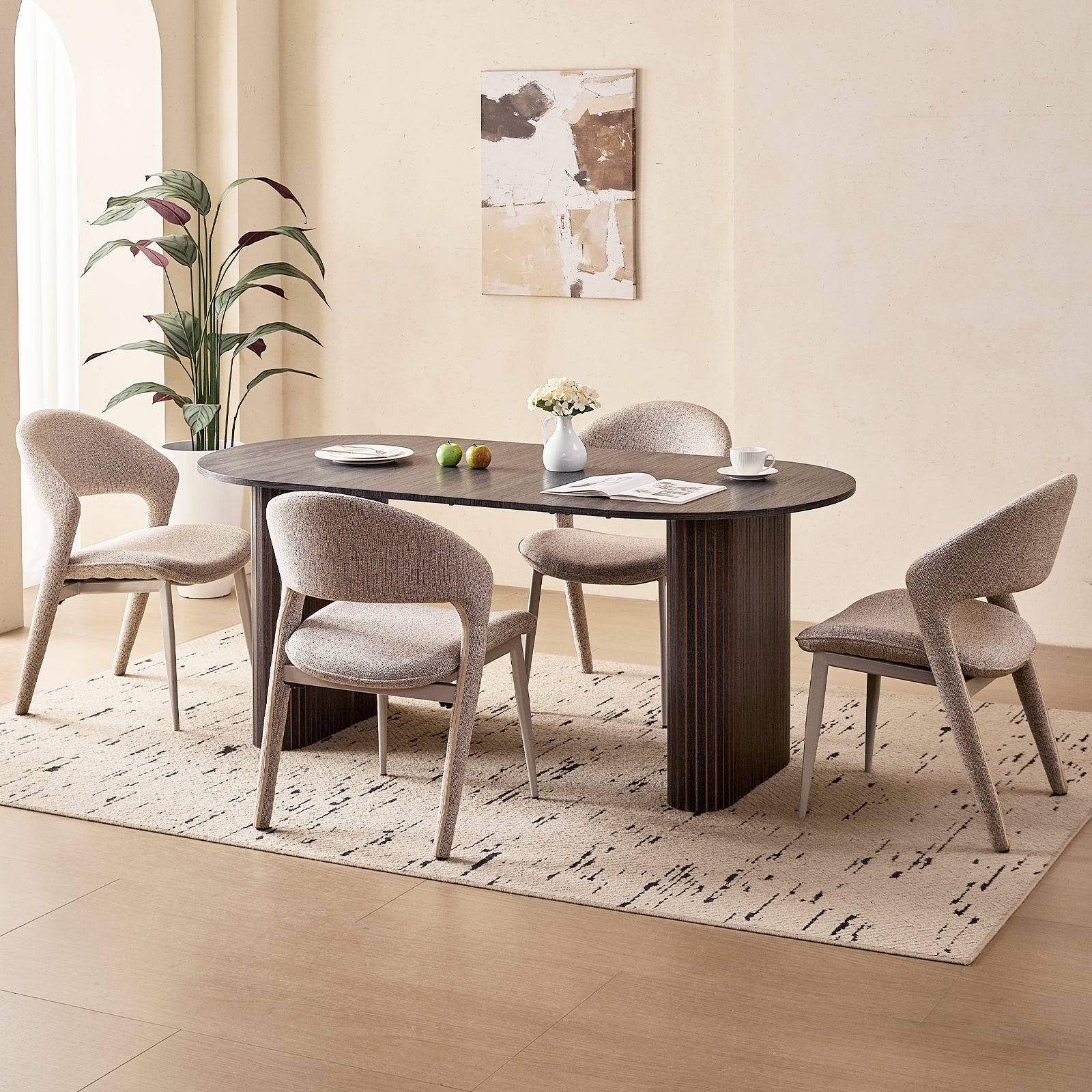 71" Black Large Dining Table Set for 4 Modern Kitchen Table with Brown Linen Upholstered Kitchen Chairs Set of 4