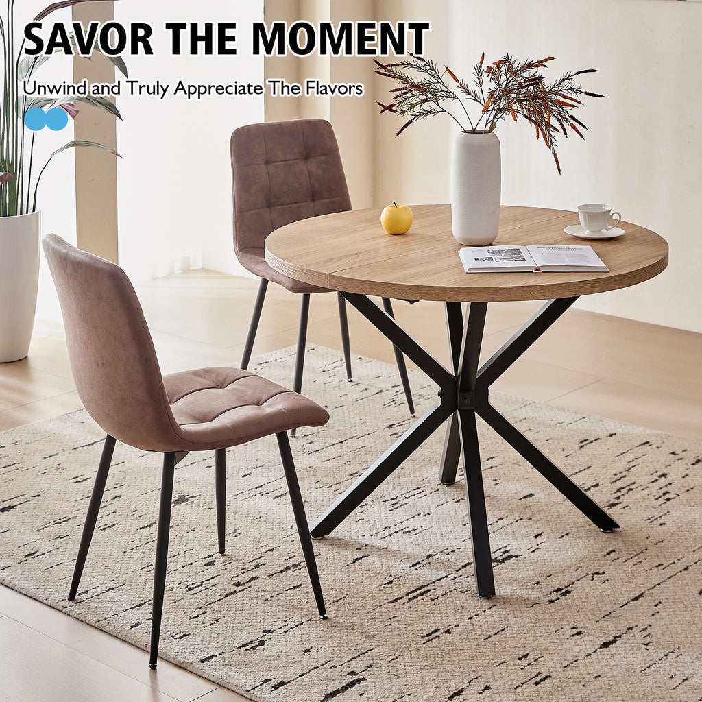 5 Pieces Round Dining Table Set - Mid-Century Oak Dining Table with 4 Brown Faux Leather Chairs Set, Coffee Table & Chairs with Black Metal Legs for Kitchen Dining Room, Apartment