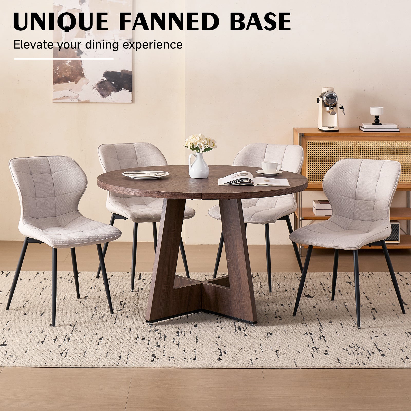 5 Piece 47'' Round Dining Table Chairs Set for 4, Farmhouse Walnut Kitchen Table and Chairs Mid Century Modern Wood Dining Table with 4 Water-Resistant Fabric Dining Chairs, White