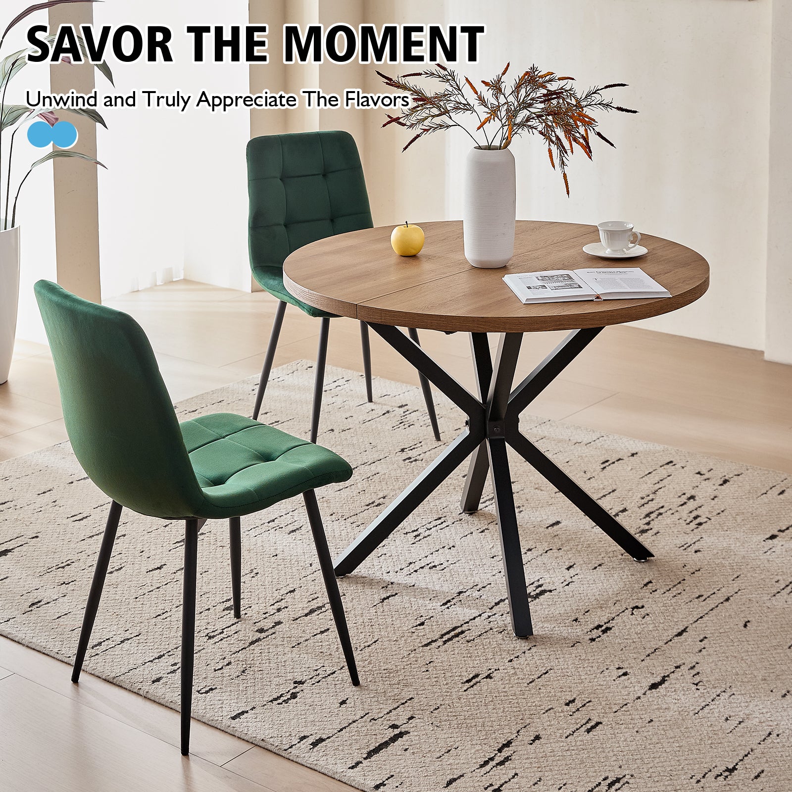 5 Pieces Round Dining Table Set - Mid-Century Modern Brown Dinner Table with 4 Green Velvet Chairs Set, Coffee Table & Chair with Black Metal Legs for Kitchen Dining Room, Apartment