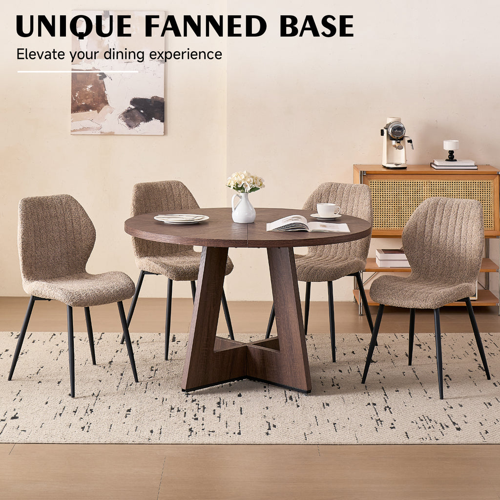 5 Piece 47'' Round Dining Table Chairs Set for 4, Farmhouse Oak Kitchen Table with 4 Scandi Mid Century Modern Dinning Room Chairs, Wood Dinner Table &Upholstered Fabric Chairs Set of 4, Brown