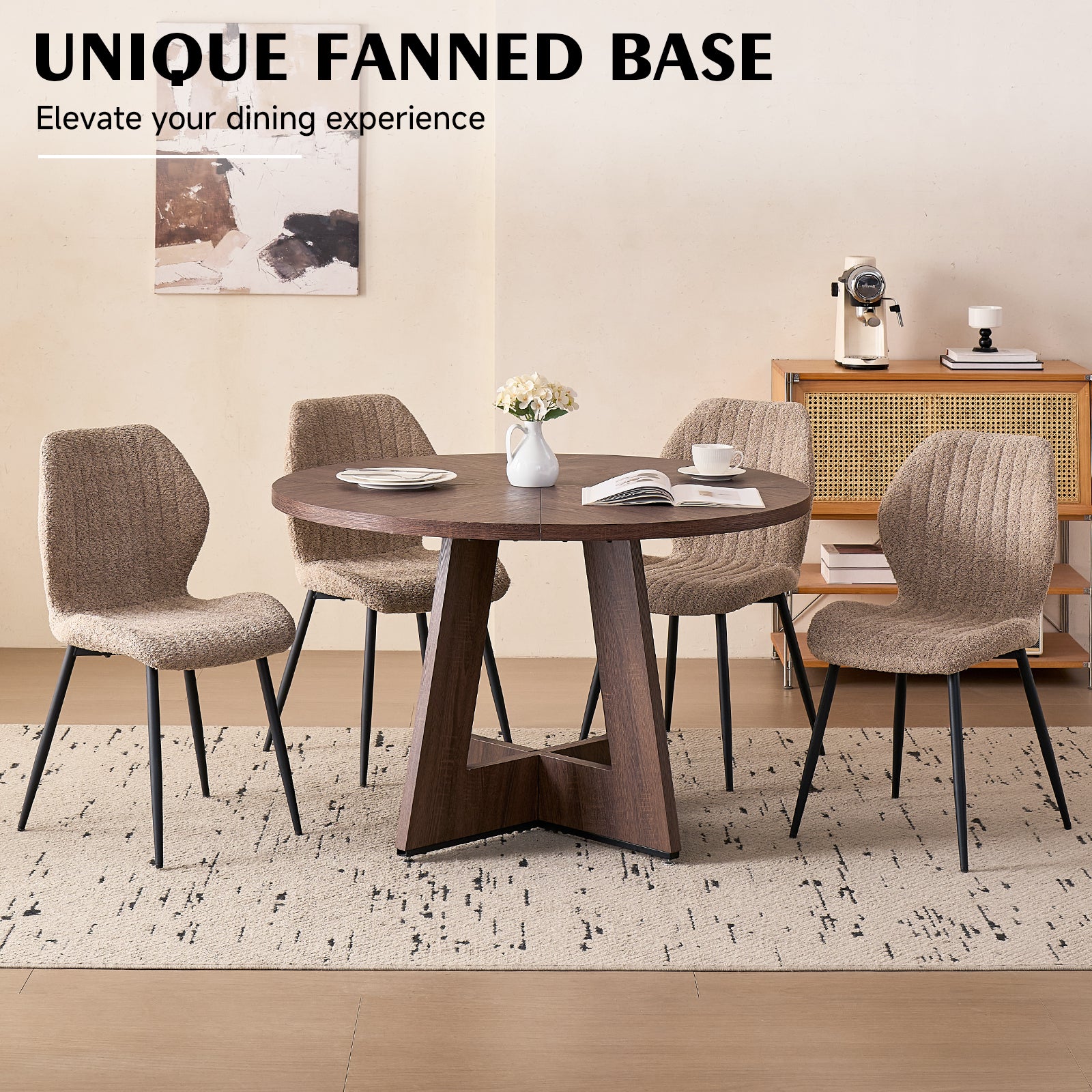5 Piece 47'' Round Dining Table Chairs Set for 4, Farmhouse Oak Kitchen Table with 4 Scandi Mid Century Modern Dinning Room Chairs, Wood Dinner Table &Upholstered Fabric Chairs Set of 4, Brown