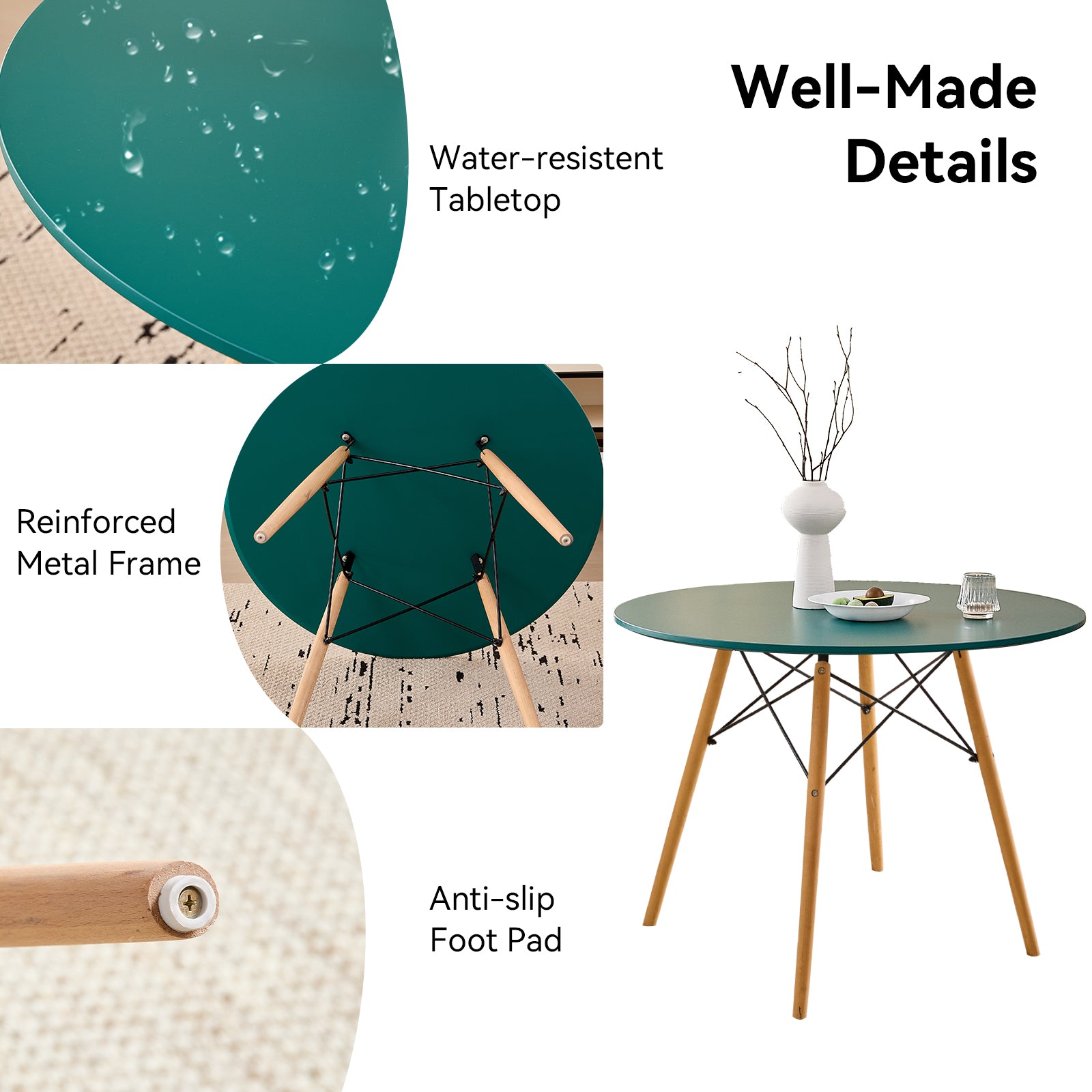5 Piece 35.5'' Round Dining Table Set for 4, Mid-Century Modern Table W/ 4 Chairs for Kitchen, Home, Living Room, Apartment, Wood Legs, Metal Frame, Plastic Seats, Green
