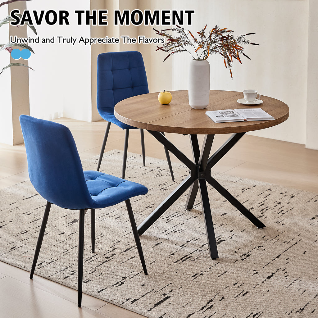 5 Piece Round Dining Table Chairs Set for 4 - Mid-Century Modern Brown Kitchen Table with 4 Blue Velvet Chairs, Coffee Table & Chair with Black Metal Legs for Dining Living Room, Apartment