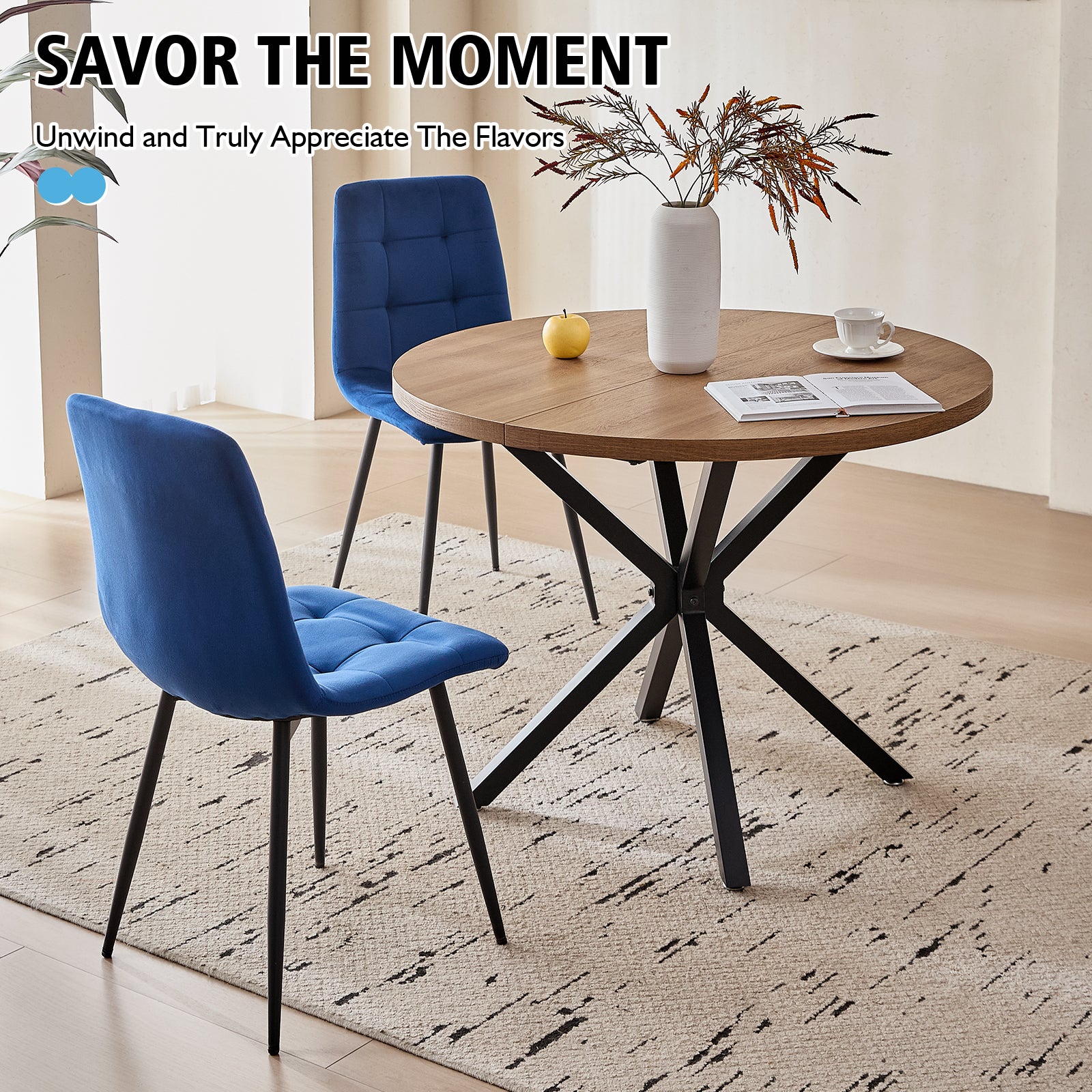 5 Piece Round Dining Table Chairs Set for 4 - Mid-Century Modern Brown Kitchen Table with 4 Blue Velvet Chairs, Coffee Table & Chair with Black Metal Legs for Dining Living Room, Apartment