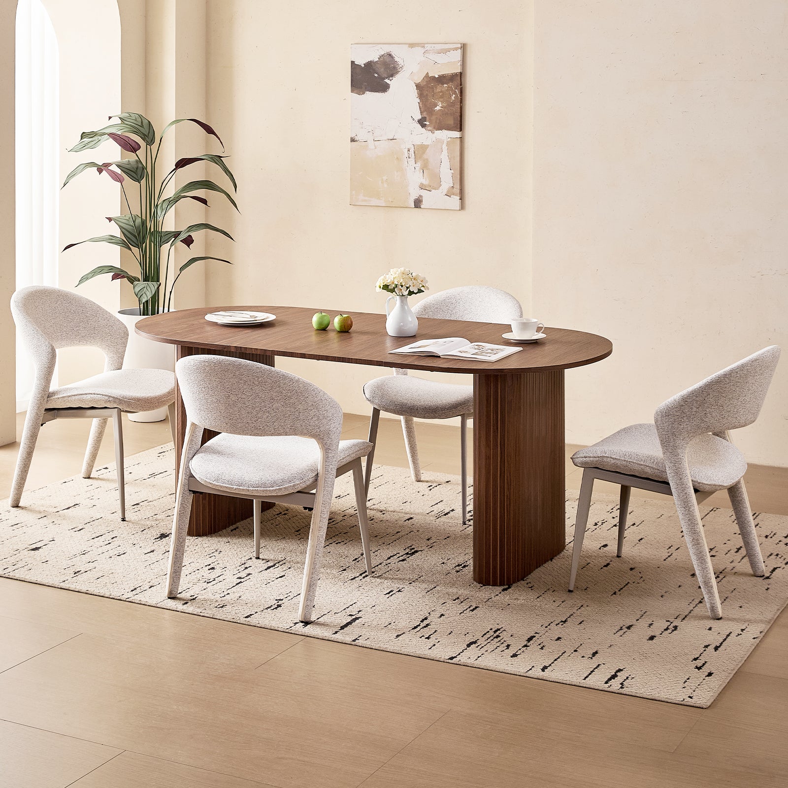 71" Brown Large Dining Table Set for 4 Modern Kitchen Table with White Linen Upholstered Kitchen Chairs Set of 4