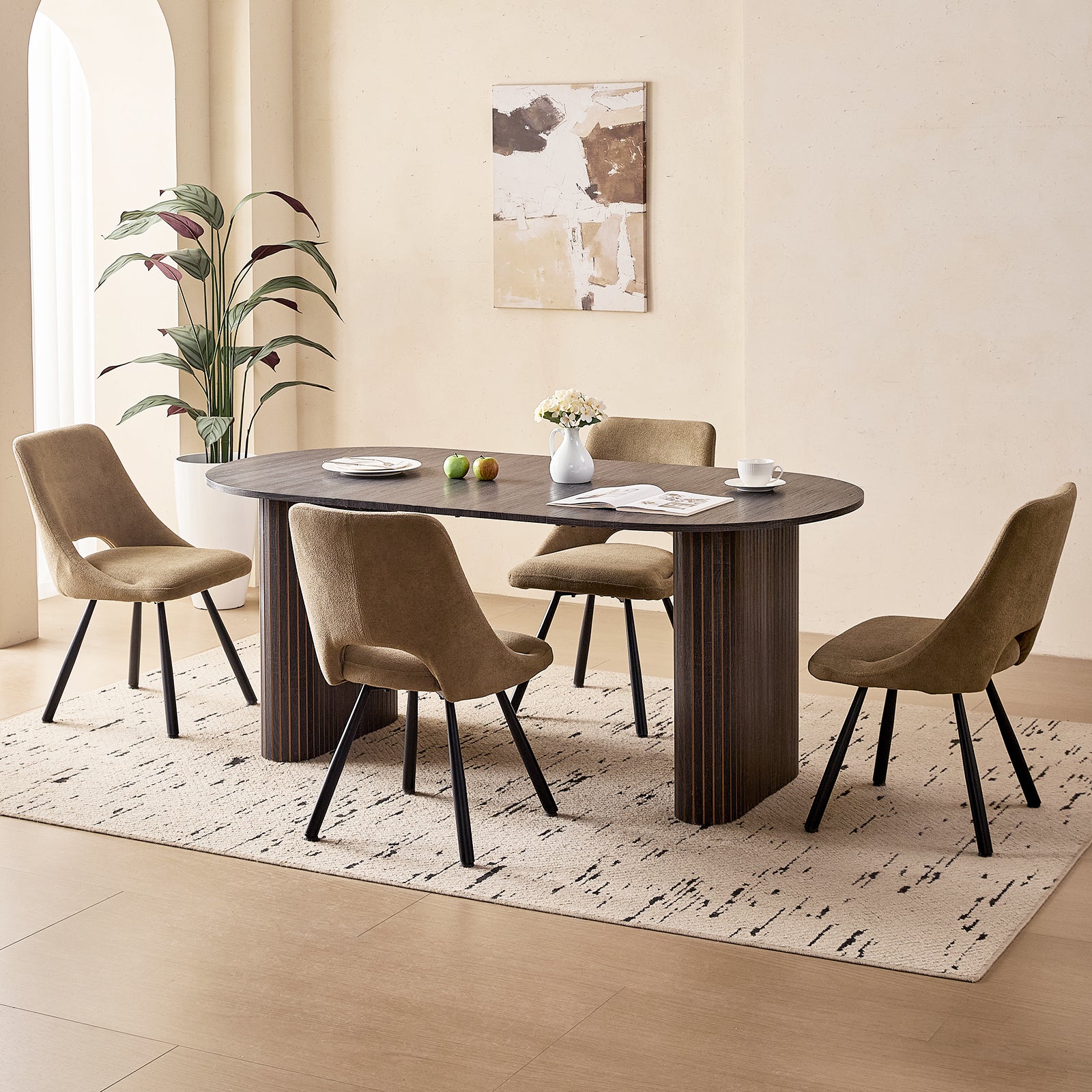 71" Black Large Dining Table Set for 4 Modern Kitchen Table with Brown Boucle Upholstered Kitchen Chairs Set of 4