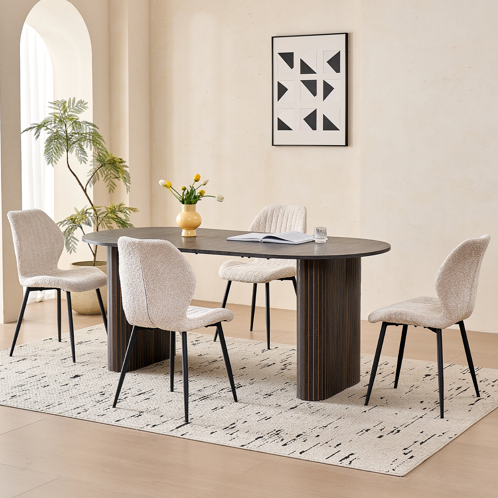 71" Large Dining Table Set for 4, Rounded Corners Farmhouse Modern Rectangle Wood Kitchen Table with Boucle Chairs Set of 4