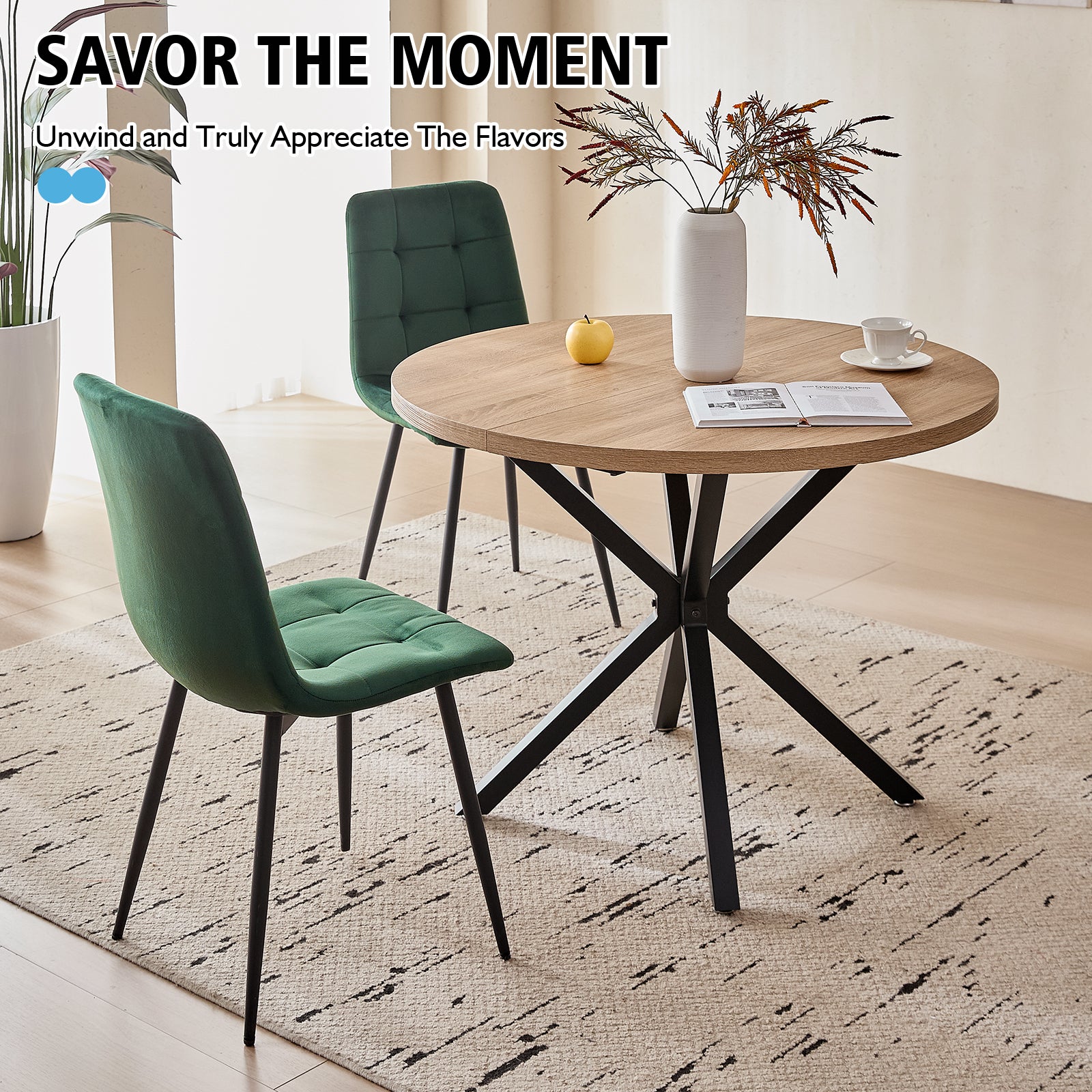 39" Round Dining Table Set for 4, Mid Century Kitchen Table with 4 Green Velvet Upholstered Dining Chairs for Apartment Living Room Space Saving