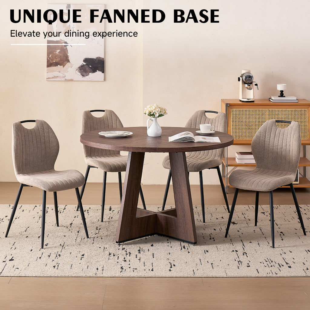 5 Piece 47'' Round Dining Table Chairs Set for 4, Farmhouse Walnut Kitchen Table with 4 Scandi Mid Century Modern Dinning Room Chairs, Wood Dinner Table &Upholstered Fabric Chairs Set of 4, Khaki