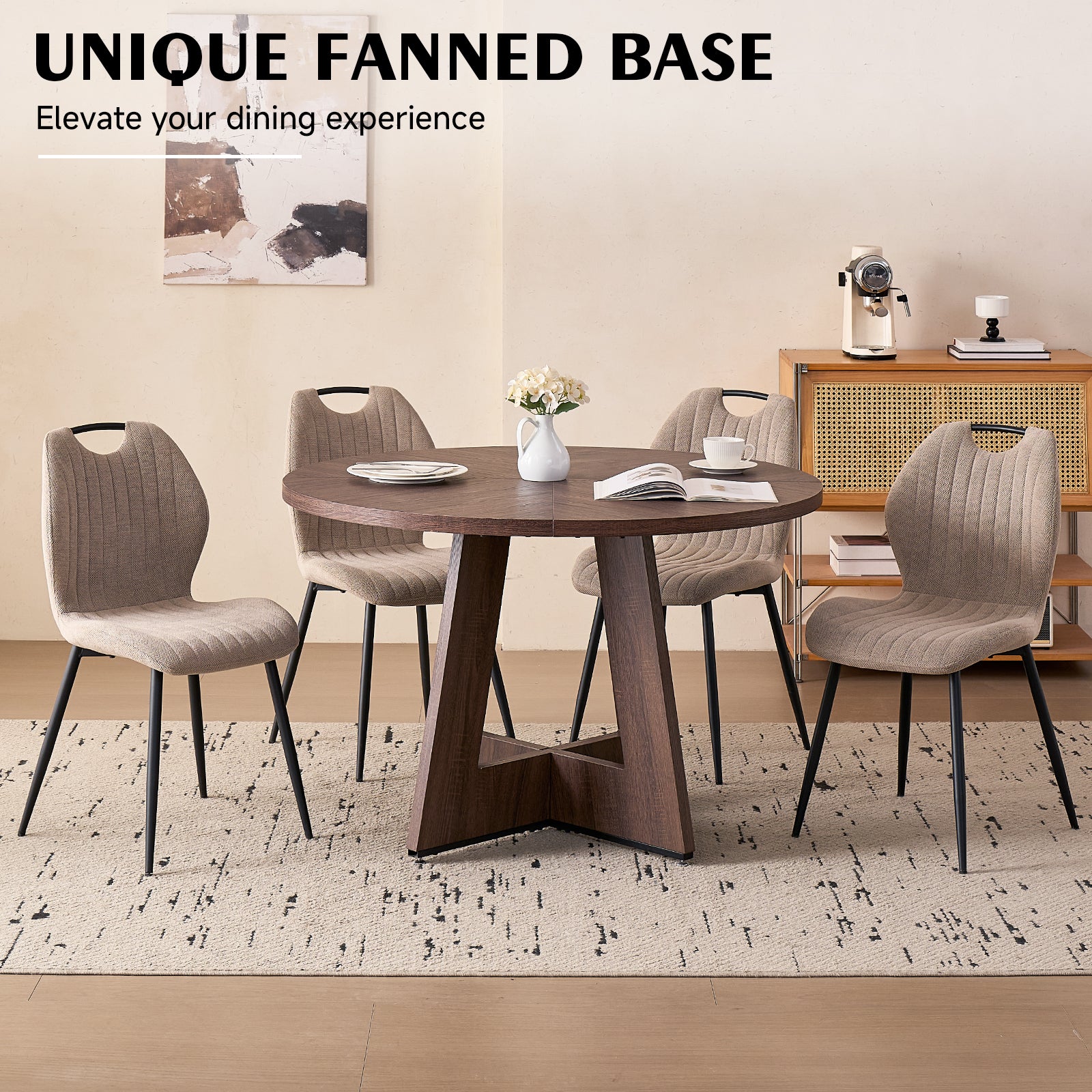 5 Piece 47'' Round Dining Table Chairs Set for 4, Farmhouse Walnut Kitchen Table with 4 Scandi Mid Century Modern Dinning Room Chairs, Wood Dinner Table &Upholstered Fabric Chairs Set of 4, Khaki