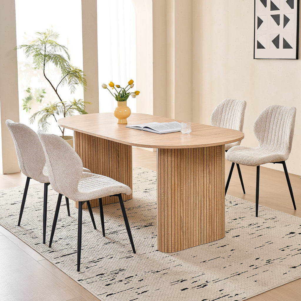 71" Large Dining Table Set for 4, Rounded Corners Farmhouse Modern Rectangle Wood Kitchen Table with Boucle Chairs Set of 4